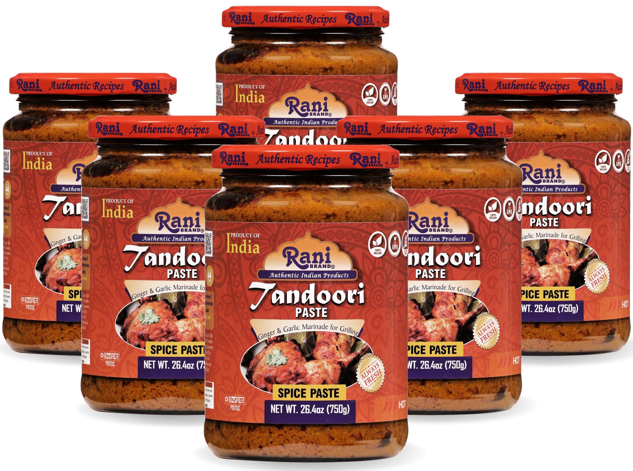 Rani Tandoori Paste - All Natural, Non-GMO, Vegan & Gluten Free Indian Spice Blend - 26.5oz (750g) Glass Jar, Pack of 5 + 1 Free - Perfect for Tandoori Chicken, Chicken Tikka, Paneer Tikka & Authentic Indian Cooking | Restaurant Quality | Homemade Indian Cuisine | Marinating & Grilling