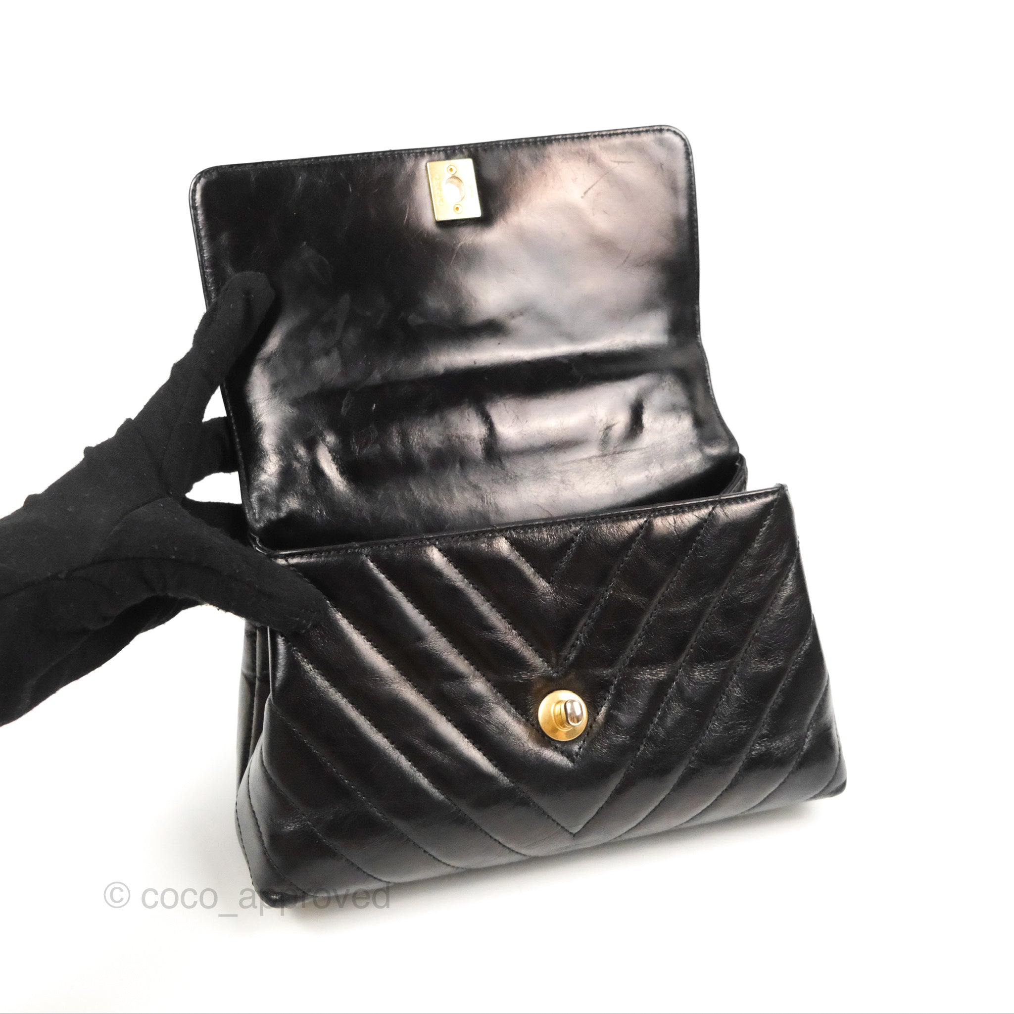 Chanel Chevron Small Coco Handle Bag - Black Shiny Aged Calfskin with Aged Gold Hardware | Luxury Crossbody Purse for Women, Perfect for Evening Parties & Date Nights