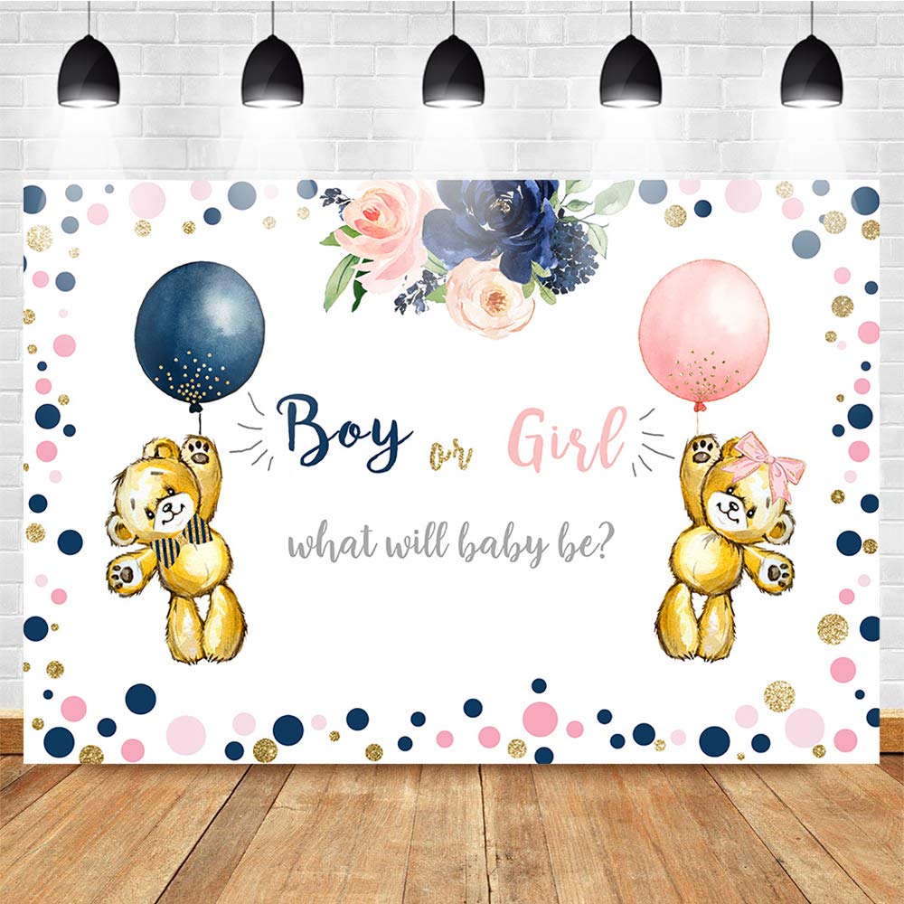 Gender Reveal Party Backdrop - 7x5ft Navy Blue & Blush Pink Floral Stuffed Bear Balloon Background for Baby Shower, Cake Table Decor, Photo Booth Props - Perfect for Gender Announcement Celebrations