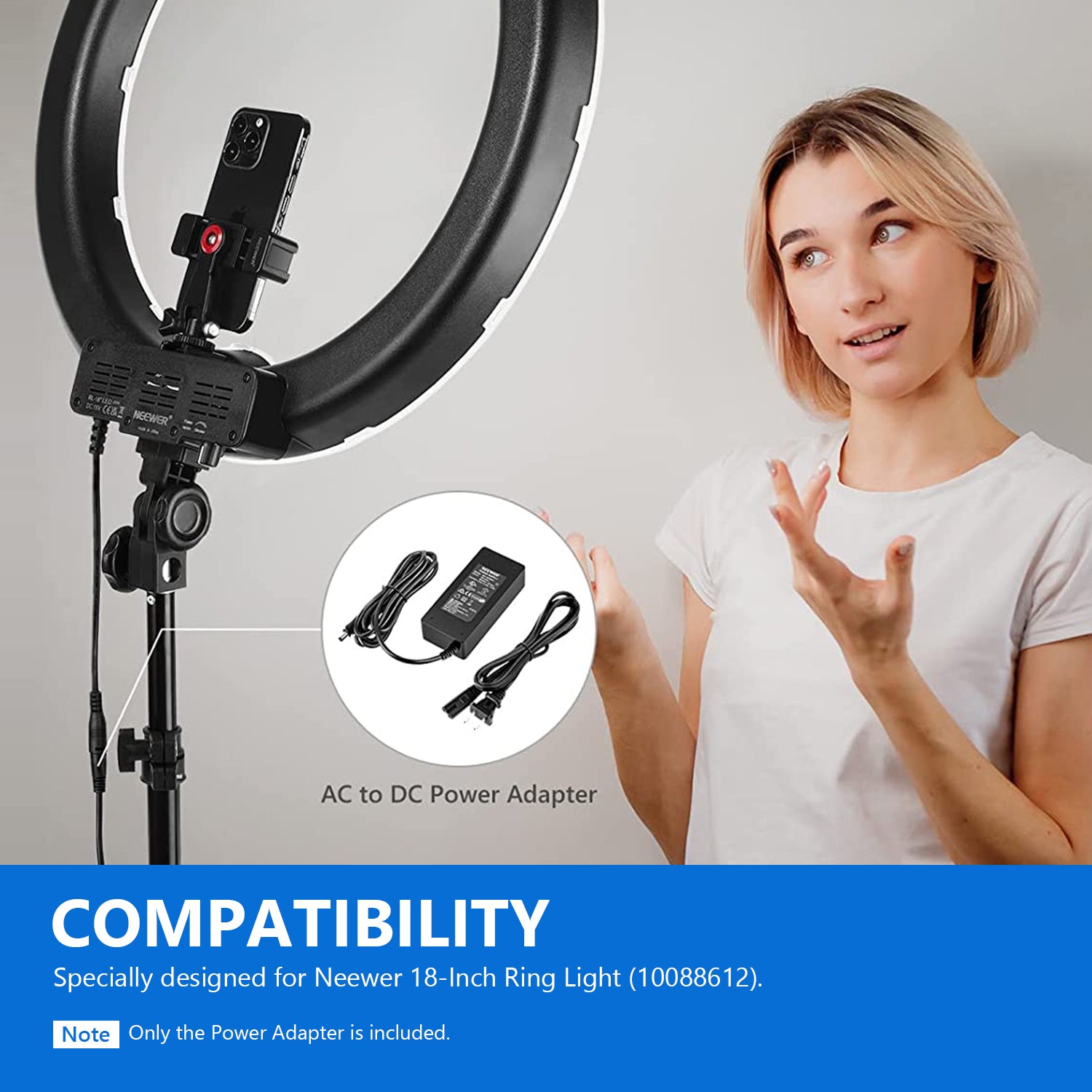 NEEWER AC 110V to DC 15V Power Adapter for Ring Light - Compatible with LED Photography Lighting, Video Studio Equipment, and Streaming Setup (Perfect for YouTube, TikTok, and Live Broadcasts)
