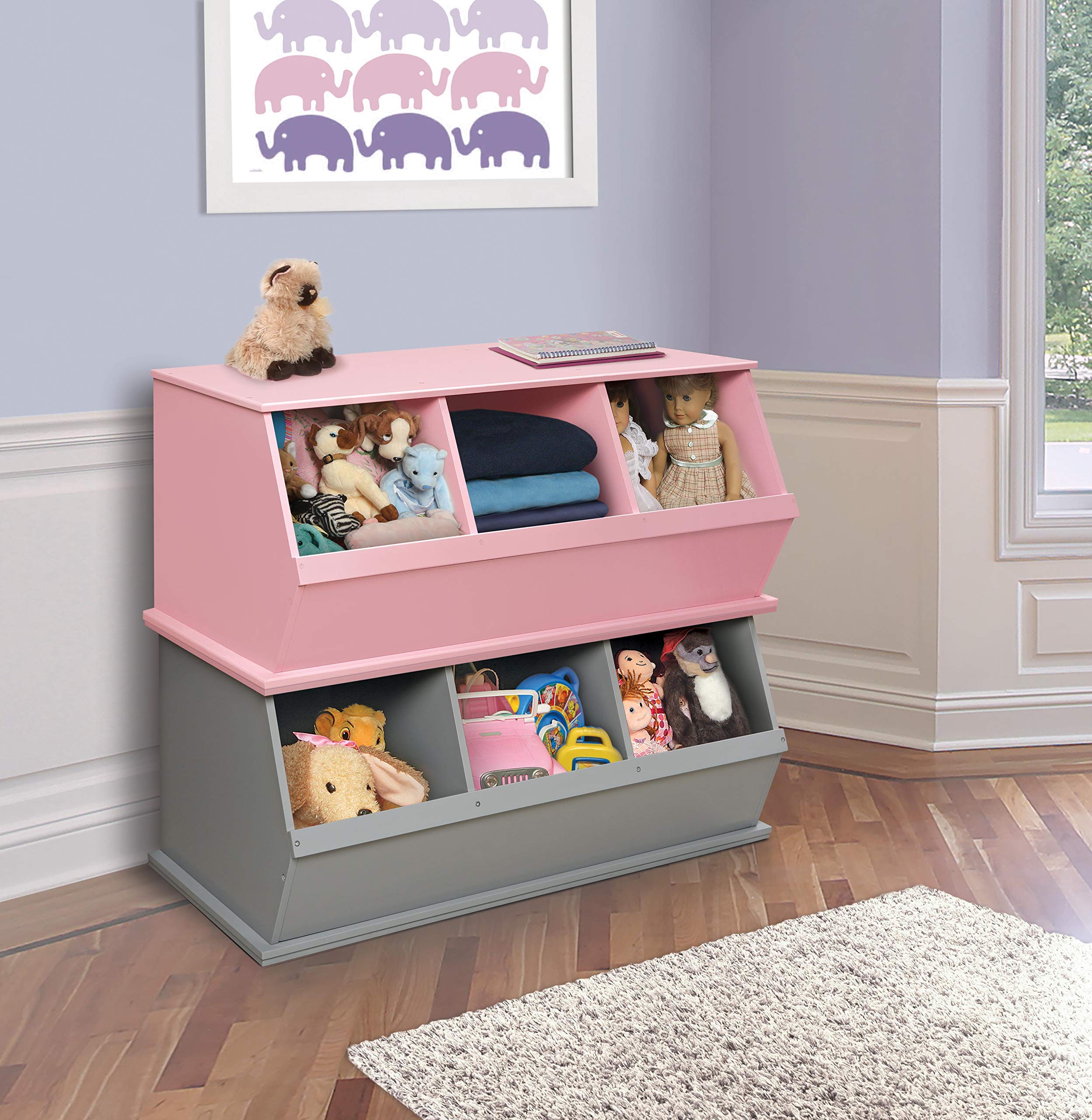 Badger Basket Three Bin Stackable Toy Storage Organizer with Removable Bins - Pink Nursery, Kids Room & Playroom Organization Solution