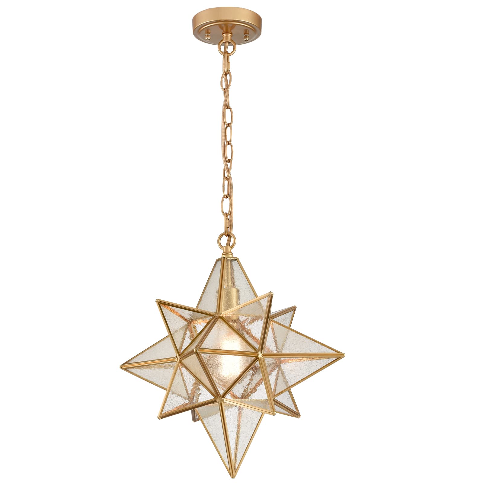 16 Inch Gold Moravian Star Pendant Light with Seeded Glass Shade - Vintage Hanging Light Fixture for Dining Room, Kitchen Island & Bedroom Decor