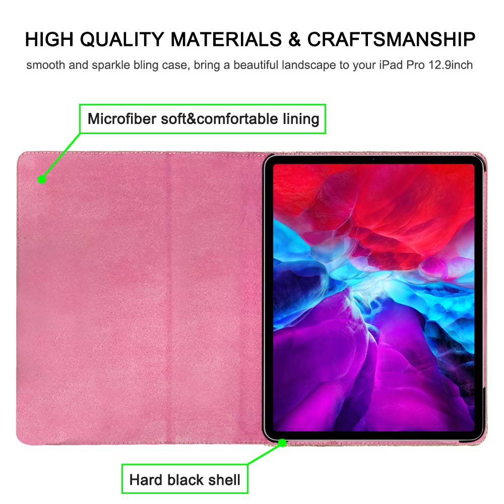 2024 iPad Air 13 inch & iPad Pro 12.9 Case (6th/5th/4th/3rd Gen) - Glitter Protective Cover with Pencil Charging, Folio Kickstand, Auto Sleep/Wake, Hand Strap - Slim Smart Case in Pink - Perfect for Work, School & Travel