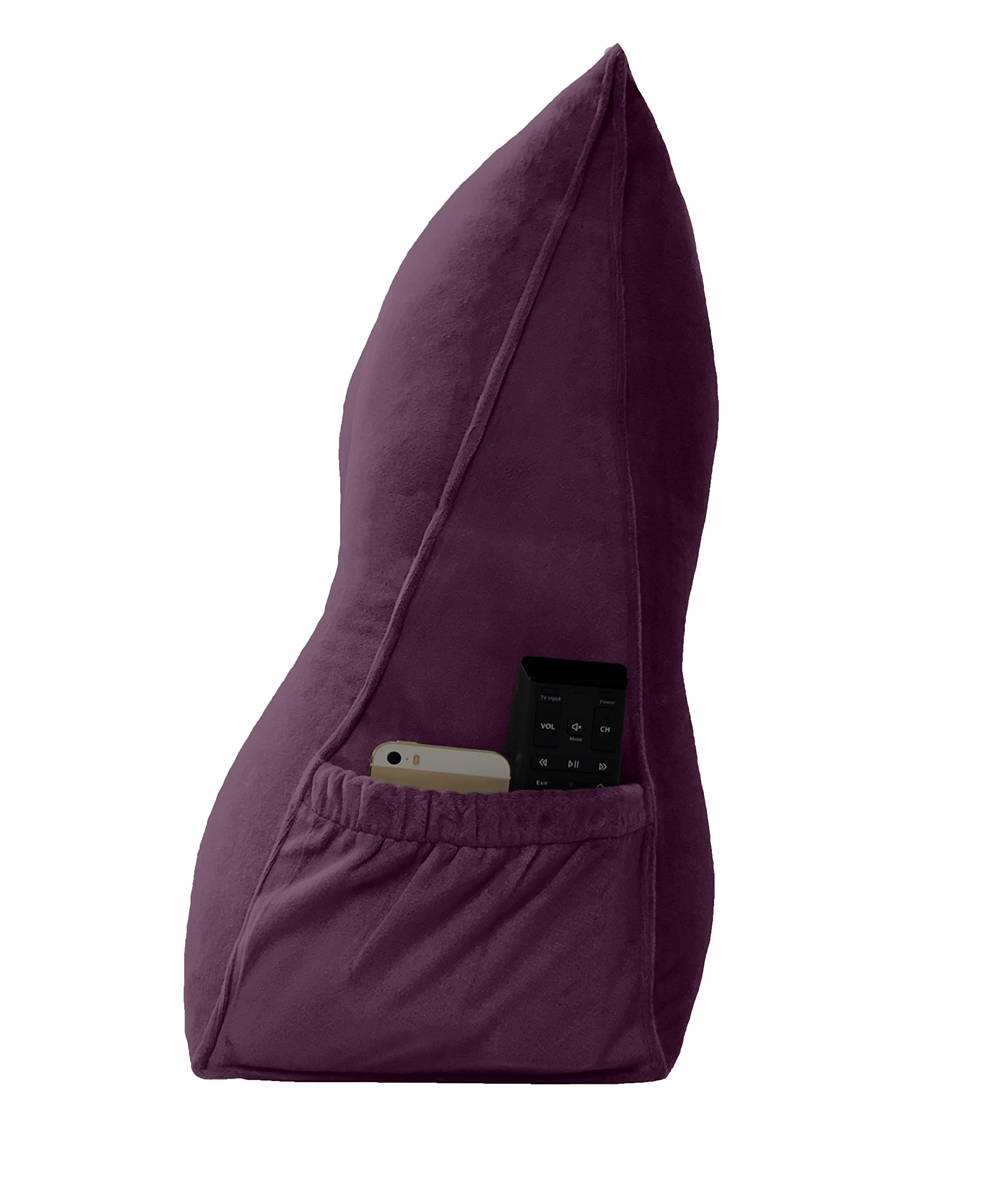 Large Wedge Pillow for Reading in Bed - Dark Purple Backrest Cushion with Removable Cover & Side Pockets (47