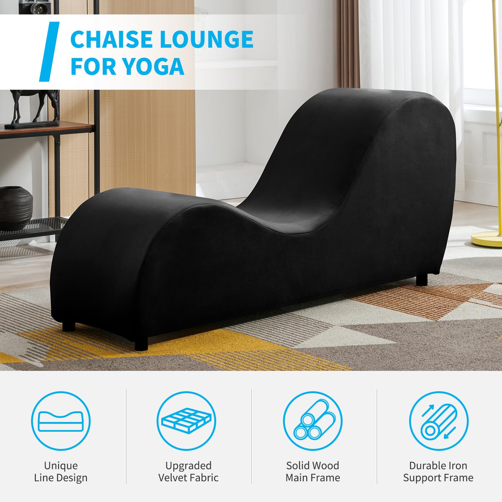 Premium Velvet Yoga Chair for Adults - Modern Curved Yoga Chaise Lounge for Exercise & Relaxation | Indoor Yoga Stretching Chair | Small Chaise Lounge for Living Room & Home Gym | Black - Perfect for Yoga Studios, Home Workouts & Meditation Spaces