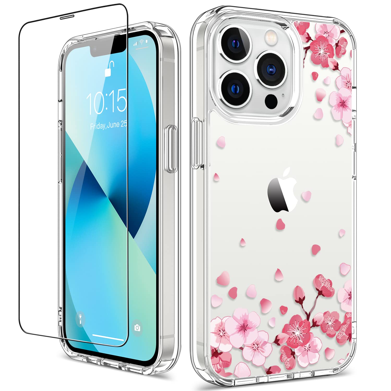 GiiKa iPhone 13 Pro Case with Screen Protector - 6.1 Inch Clear Shockproof Protective Hard Case with TPU Bumper - Floral Design for Women & Girls - Perfect for Everyday Use, Work & Travel (Pink)