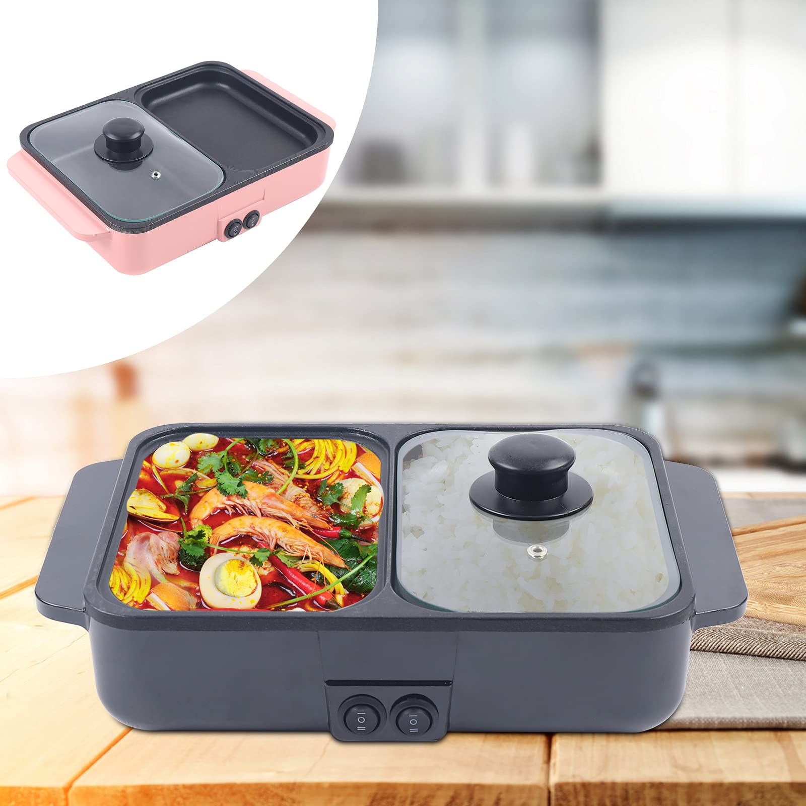 Mini Shabu Shabu Hot Pot & Grill - 2-in-1 Non-Stick Electric Cooker with Independent Temperature Control for Indoor/Outdoor Use - Perfect for Parties, Camping & Family Dinners (Black)