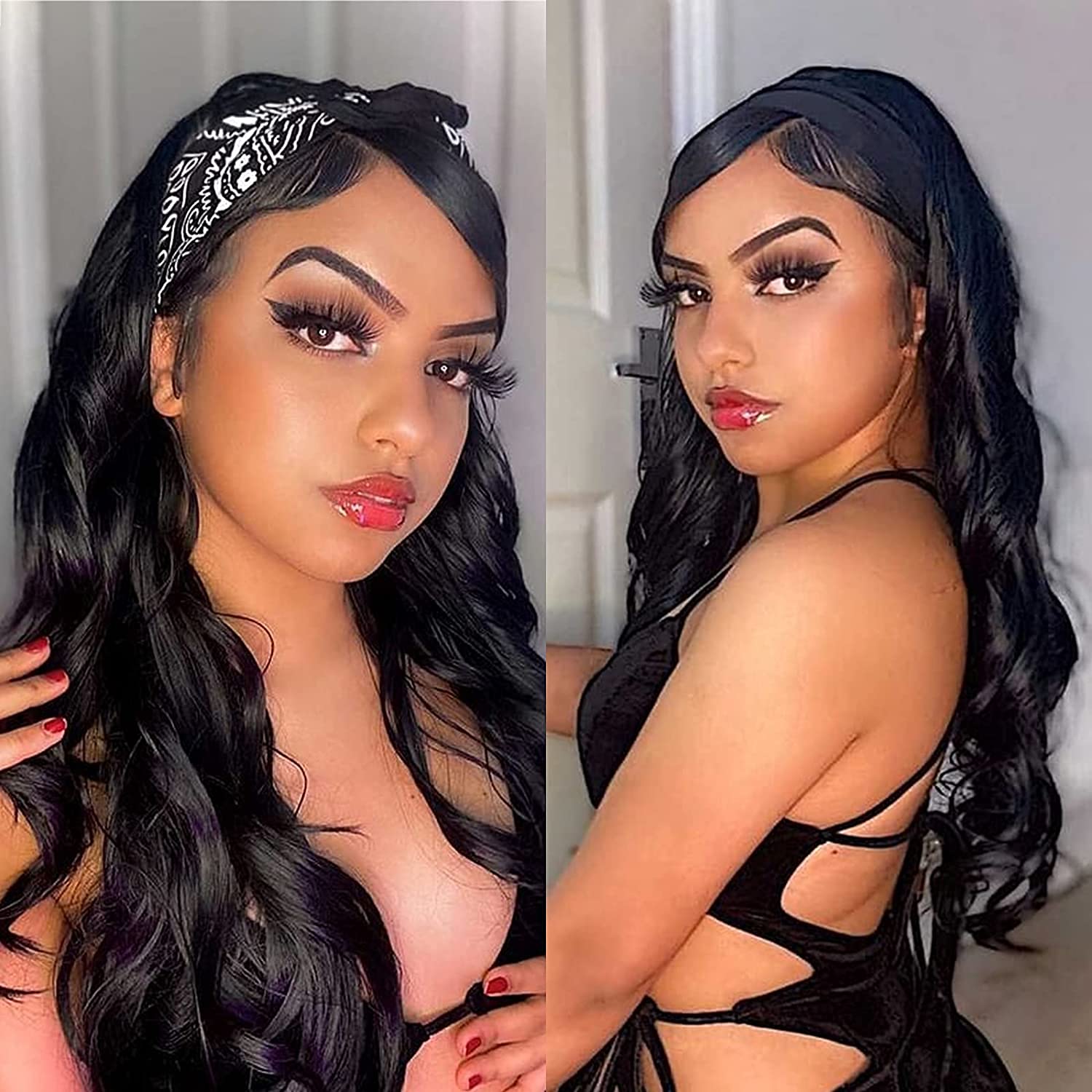 26 Inch Long Black Curly Synthetic Headband Wig for Women - 180% Density Glueless Half Wig with Body Wave - Perfect for Daily Wear, Cosplay & Protective Styling