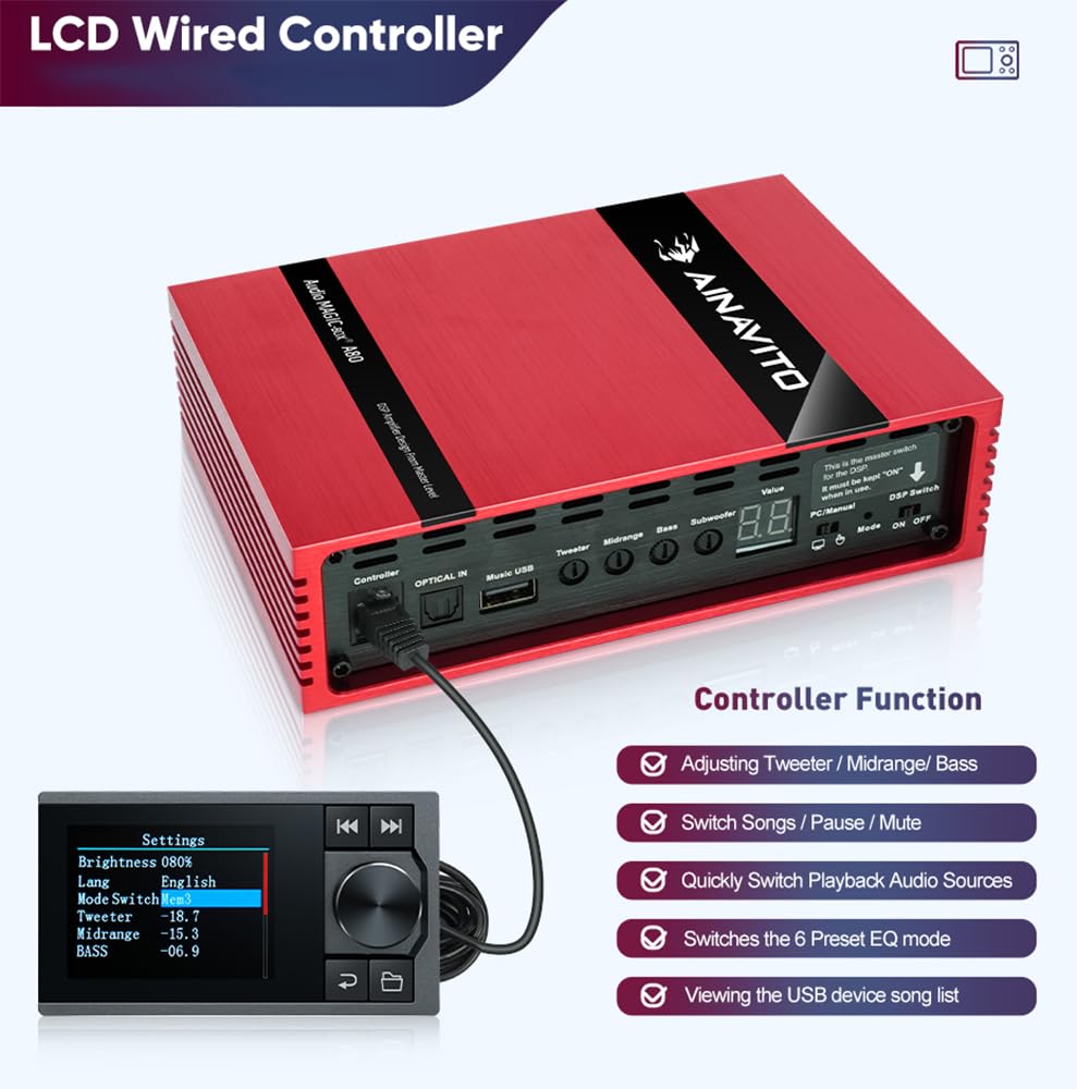 A80 DSP Car Audio Amplifier - 31-Band Equalizer, 2-Ch Input & 8-Ch Output, Digital Signal Processor with Manual/PC/APP/Controller/USB Control (A80+Wired Controller) - Perfect for Car Audio System Upgrades & Professional Sound Tuning