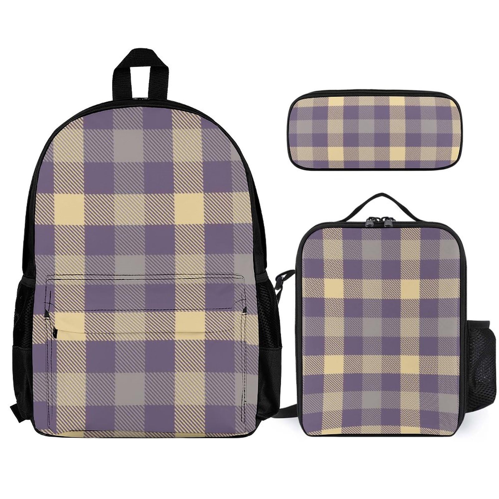 Supdreamc Daypack Backpack Set - Waterproof Gym Backpack with Lunch Bag & Pencil Case for Men & Women | Perfect for Hiking, Cycling, Travel & Camping | Grape Compote & Sunlight Tartan Plaid Design