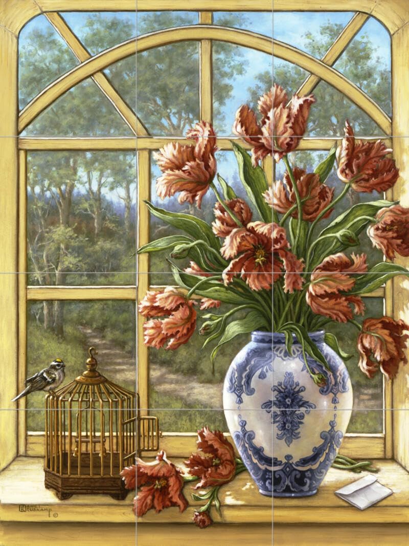 Ceramic Backsplash Tile Mural - Floral Flower Design for Kitchen & Bathroom - Dragon Tulips by Janet Kruskamp - Perfect for Home Renovation & DIY Decor Projects