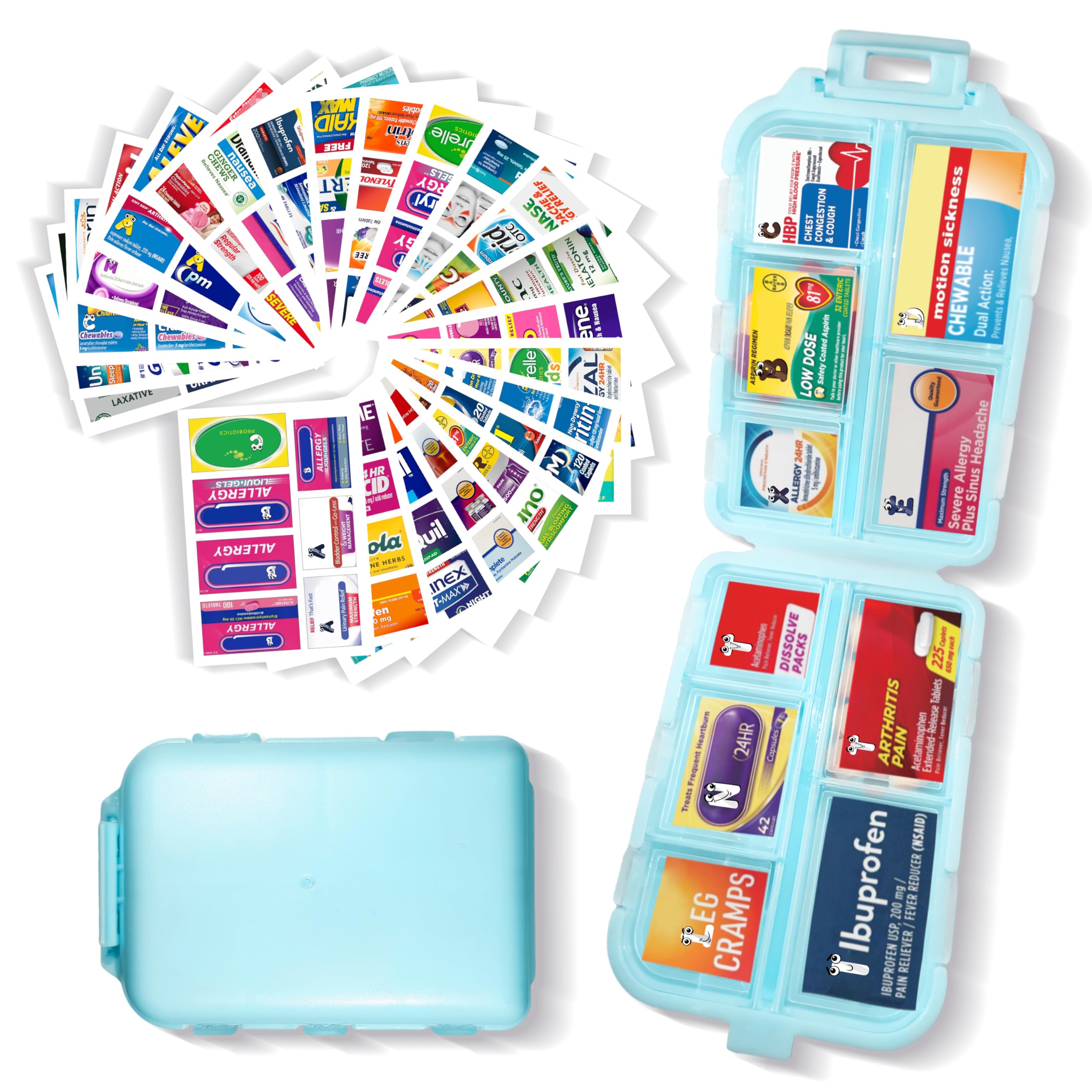 7-Day Pill Organizer with 161 Medicine Labels - Travel & Daily Medication Storage Case - Compact Pill Box for Vitamins, Supplements & Prescriptions (Blue, 1 Pack) | Perfect for Home, Office & Travel Essentials