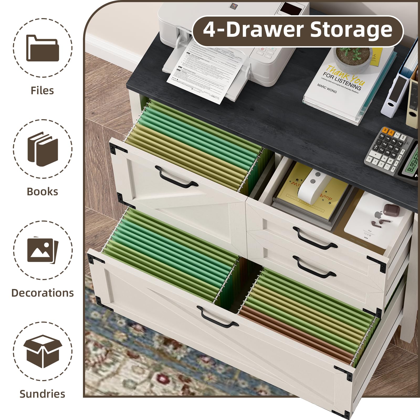 4-Drawer Wood Lateral File Cabinet for Hanging Files - Letter/A4/Legal Size Storage | Farmhouse Style Home Office Furniture | Printer Stand & Office Cabinet in White & Black | Perfect for Document Organization & Workspace Storage