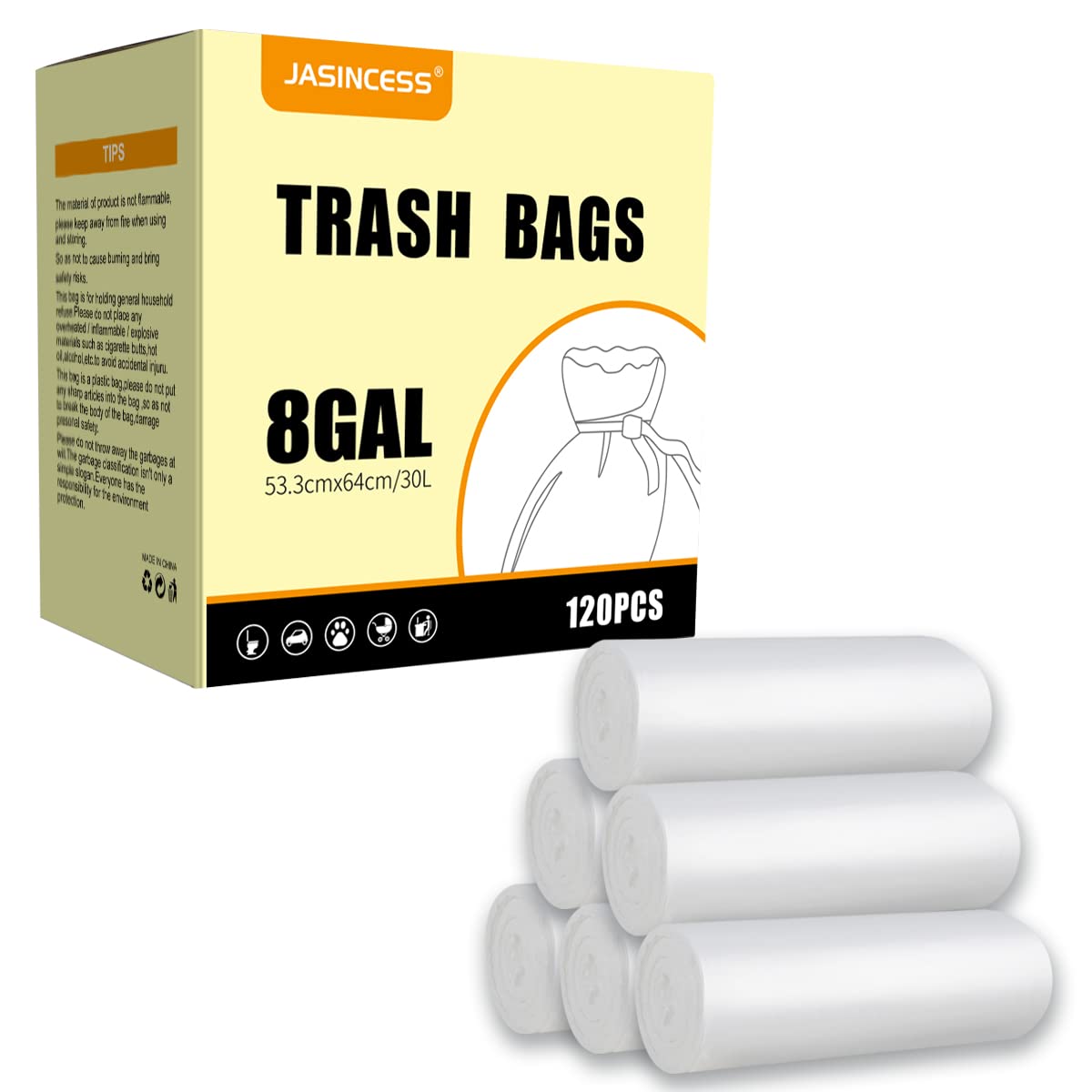 JASINCESS 8 Gallon Heavy Duty Trash Bags - 120 Count Clear Small Plastic Garbage Bags for Kitchen, Bathroom, Office & Home Use - Leak Proof & Odor Control Waste Bags for Daily Cleaning & Organizing