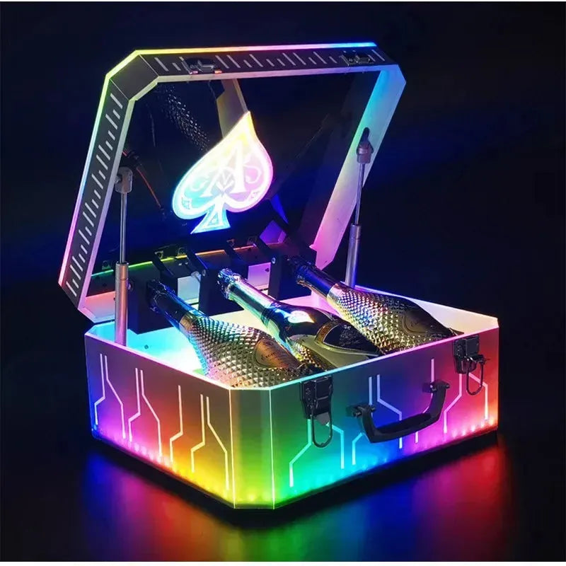 Rainbow LED Champagne Bottle Display Case - Ace of Spade Themed Suitcase Style Wine Carrier for Nightclubs, Bars & Parties | Glowing Drink Showcase for Special Events & VIP Celebrations