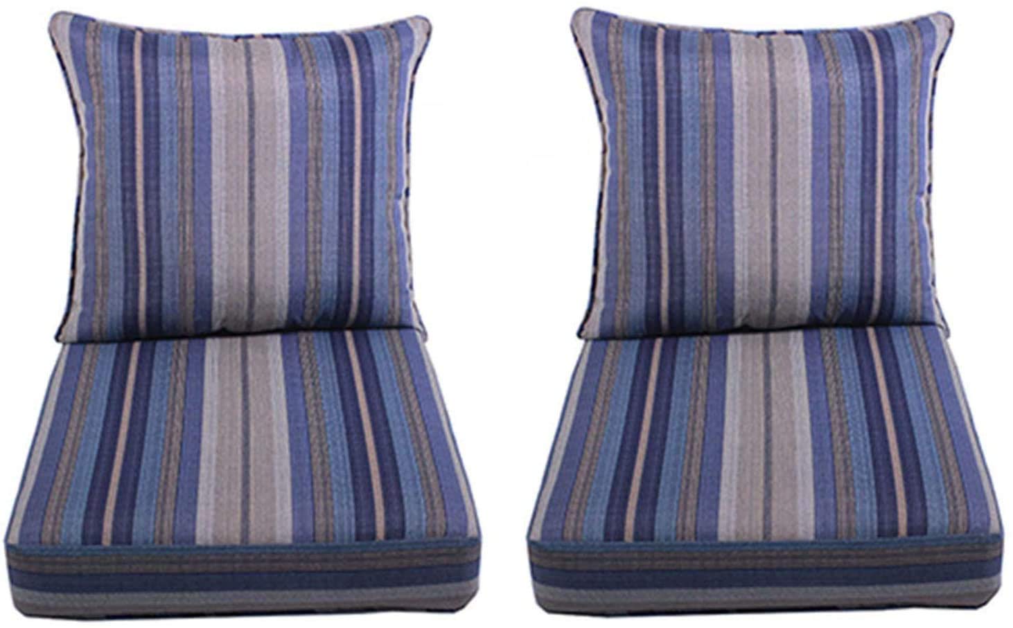Outdoor Deep Seat Cushion Set of 2 with Pillow Back - 24x24x5 Inch Seat & 21x21x6 Inch Back - Blue Striped Spun Polyester - Perfect for Patio, Deck, Poolside & Garden Furniture Comfort