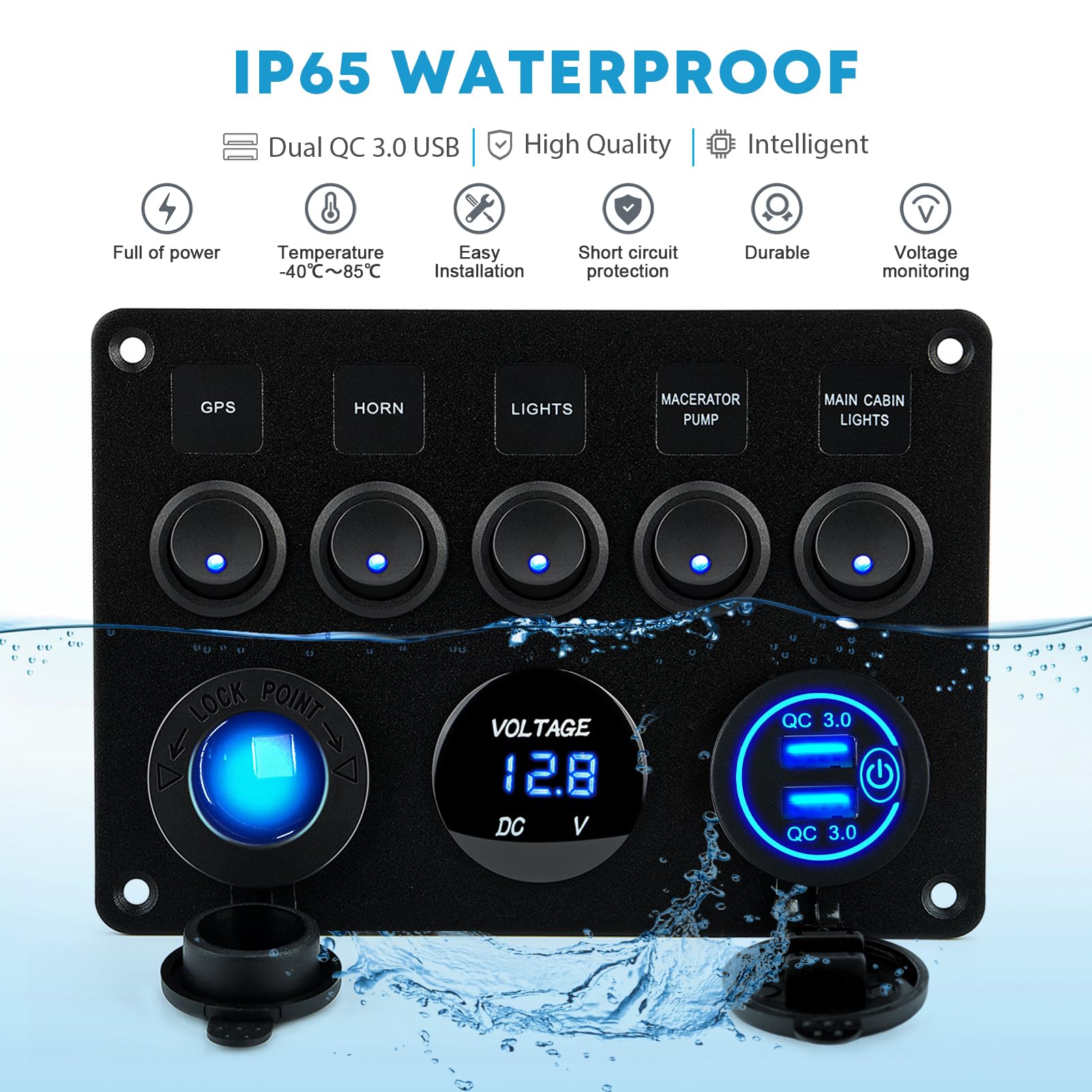 Kohree 12V 5 Gang Marine Switch Panel with USB Port, LED Digital Voltmeter & Cigarette Lighter - Waterproof Rocker Toggle Switch Panel for Boats, Yachts, RVs, and Marine Applications - Perfect for Electrical System Control and Device Charging on Watercrafts