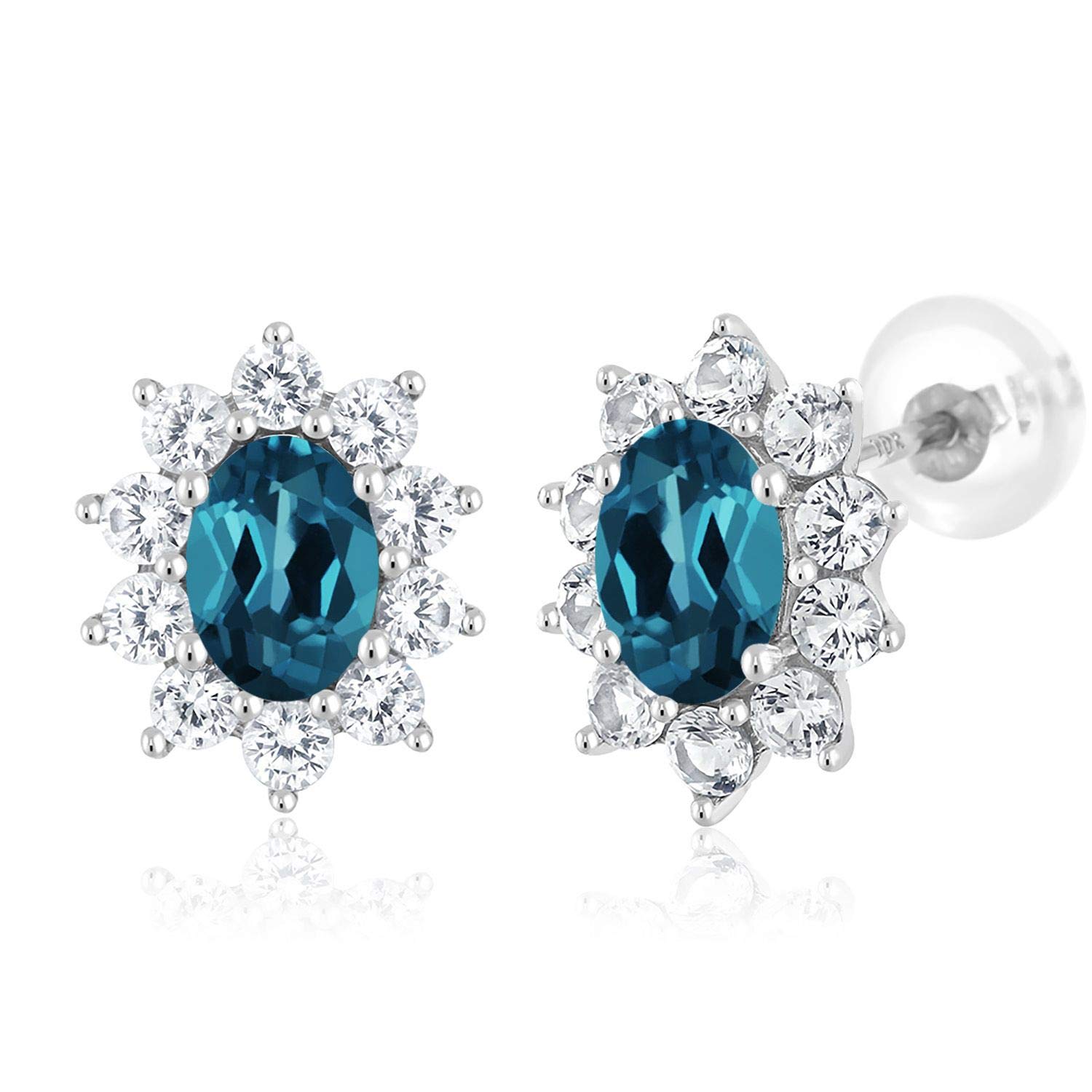 10K White Gold Oval Birthstone & Created Sapphire Halo Stud Earrings for Women | 6X4MM Gemstone Jewelry | Perfect for Birthdays, Anniversaries & Special Occasions