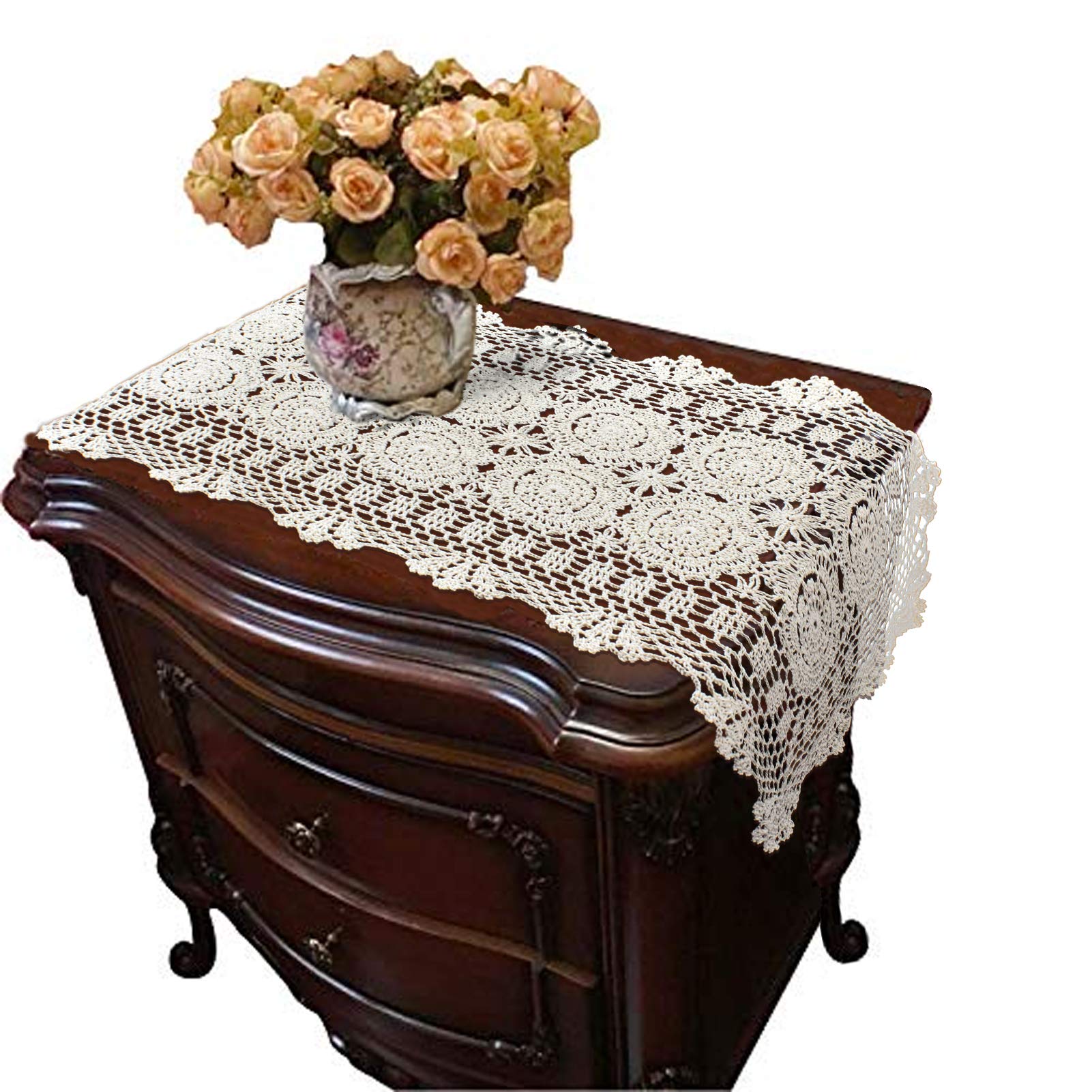 Handmade Crochet Table Runner Set of 2 - 15.7x27.5 Inch Beige Cotton Lace Placemats for Dining Table, Nightstand, Dresser | Elegant Home Decor for Farmhouse, Boho & Vintage Style Interiors