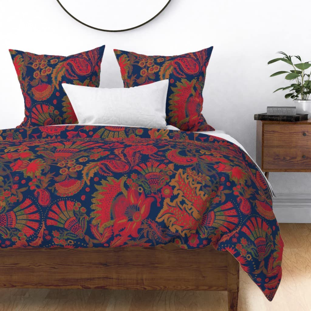 Custom Printed Spoonflower Cotton Sateen Duvet Cover King/California King - Blue Green Yellow Leaf Red Floral Block Print Bedding Set for Modern & Bohemian Bedroom Decor