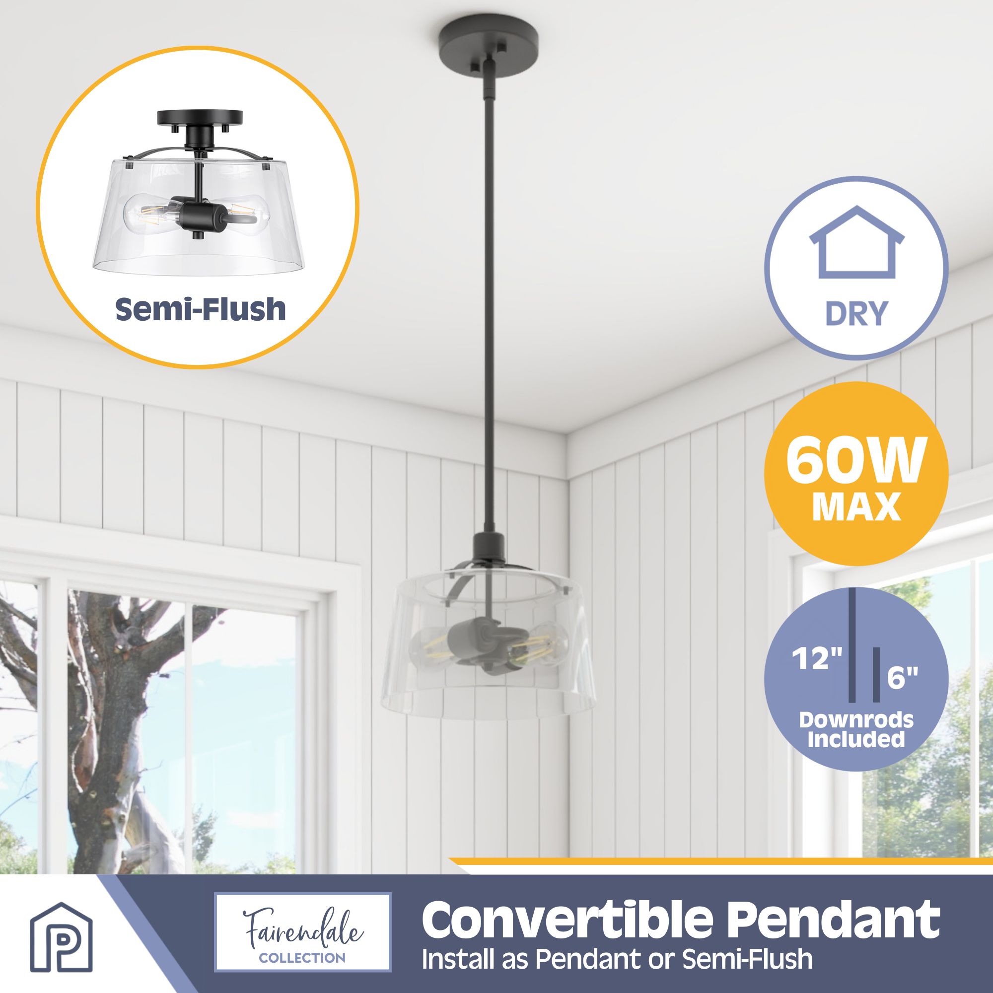 2-Light Fairendale Convertible Pendant/Semi-Flush Mount Ceiling Light Fixture - Matte Black with Clear Glass Shades - Perfect for Dining Room, Kitchen Island or Bedroom Lighting