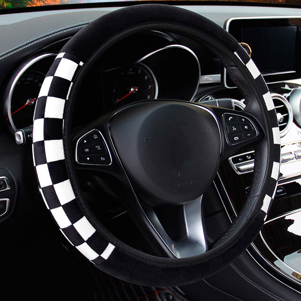 ZaCoo Universal Soft Plush Steering Wheel Cover - Winter Warm 14-15 Inch for Cars, Trucks & SUVs (Black & White) | Non-Slip Grip & Comfort Driving in Cold Weather