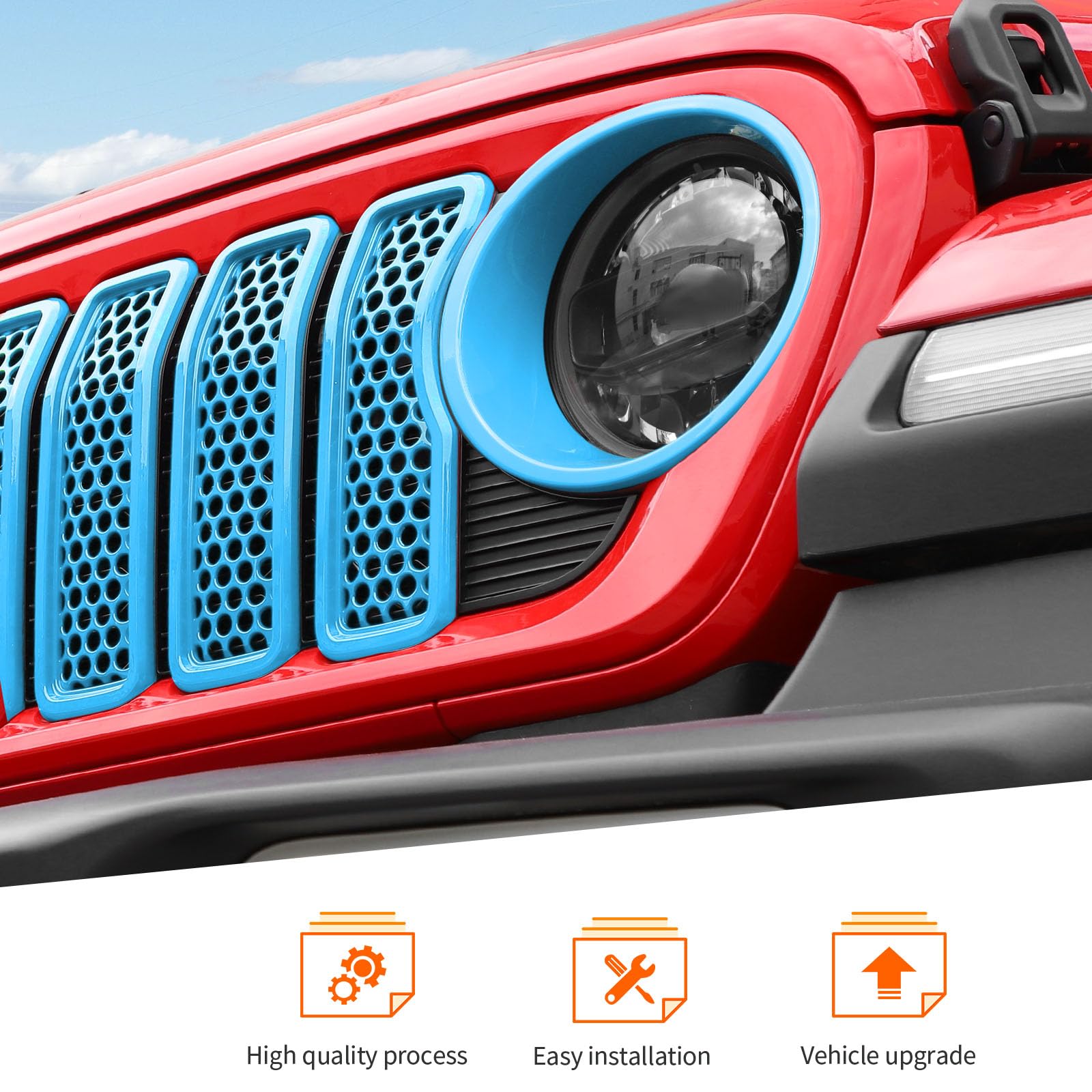 JeCar 2024+ Jeep Wrangler JL Mesh Grill Inserts & Headlight Covers - 9-Piece Light Blue Trim Accessories for Off-Road Protection & Style Upgrade