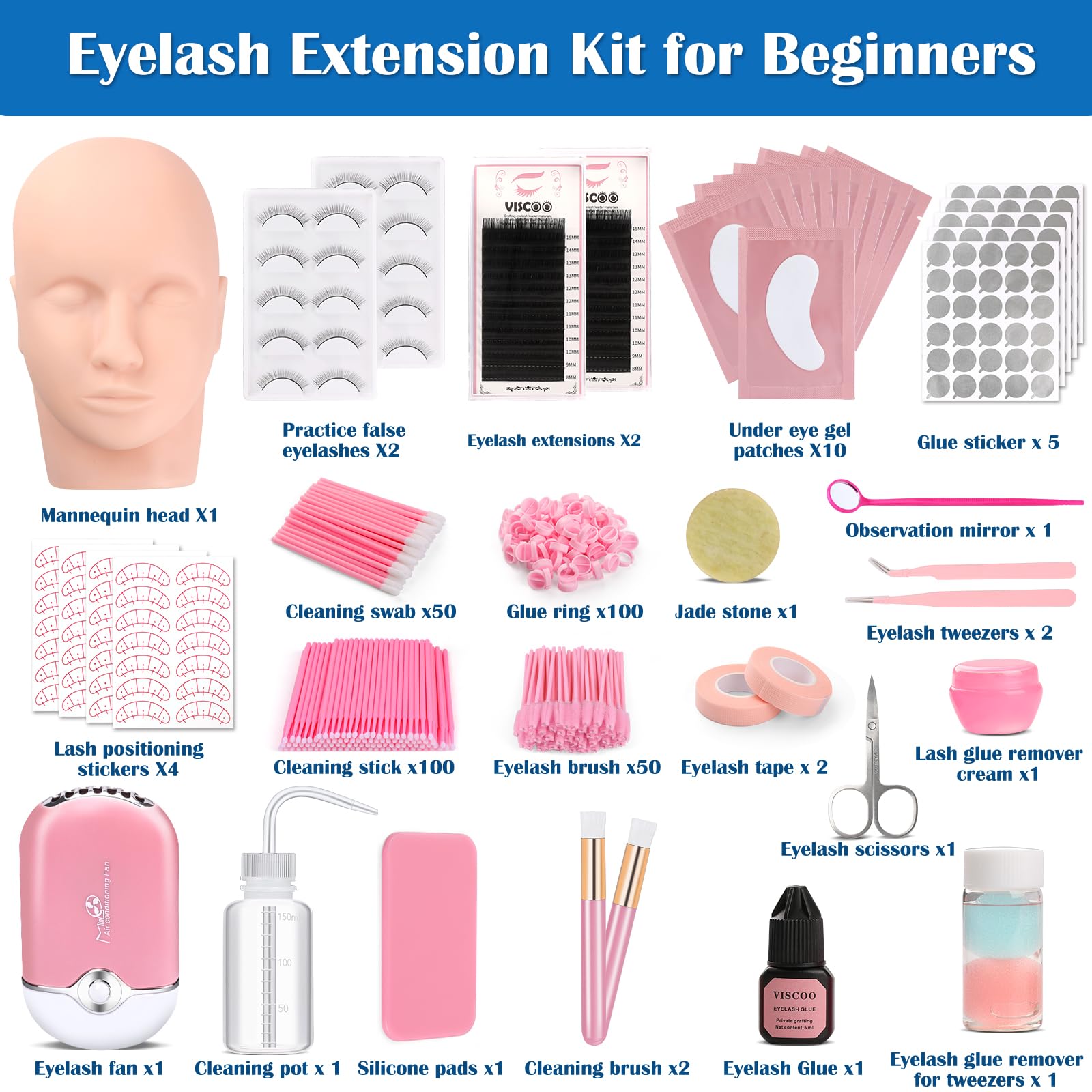Professional Eyelash Extension Kit for Beginners - Complete Lash Training Set with Mannequin Head, Lash Fan, Extension Glue & Remover | Perfect for Home Practice & Salon Training | DIY Eyelash Extension Starter Kit