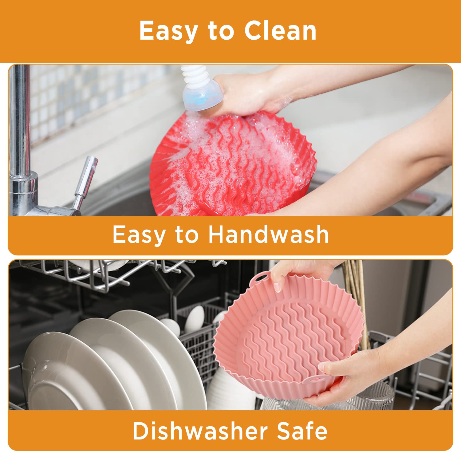 OUTXE 2-Pack Reusable 7.5-Inch Silicone Air Fryer Liners - Heat Resistant, Non-Stick Basket for 3-5 Qt Air Fryers - Easy to Clean, Dishwasher Safe (Pink + Red) - Perfect for Healthy Cooking, French Fries, Chicken Wings & Vegetables