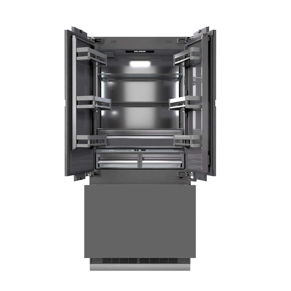 ZLINE Autograph Edition 36 Inch Panel Ready French Door Built-In Refrigerator - 19.6 cu ft Capacity, Water Dispenser & Ice Maker, Graphite Gray Interior with Polished Gold Accents (GRBIVZ 36 G) - Perfect for Luxury Kitchens and Modern Home Design