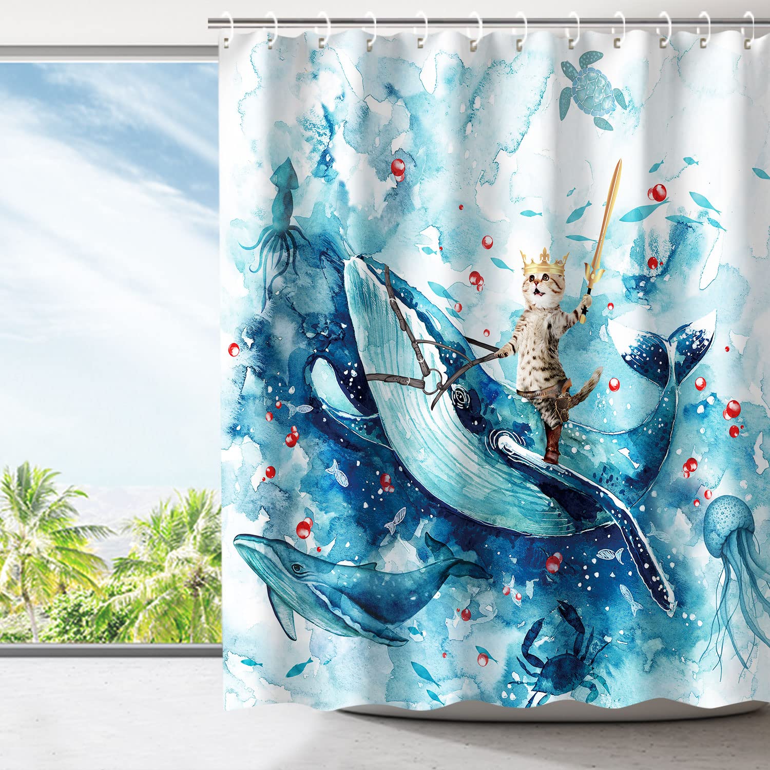 RosieLily Funny Cat Shower Curtain Set - Blue Ocean Themed Bathroom Decor with 12 Hooks (72x72 Inches) - Perfect for Kids' Bathrooms & Coastal Style Home Decor