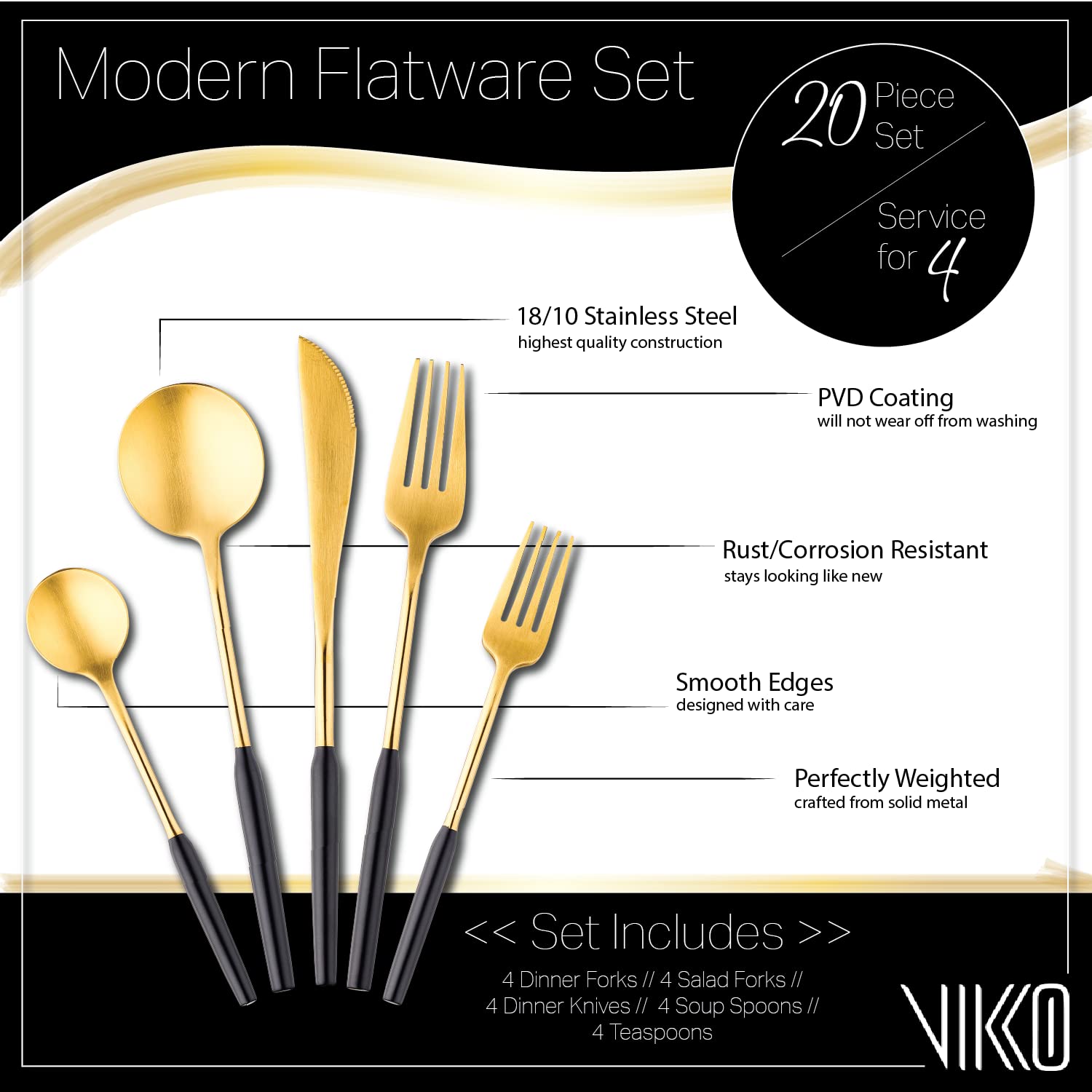Vikko Dine Modern Silverware Set - 20-Piece Brushed Black & Gold Flatware Set - 18/10 Stainless Steel Cutlery for 4 People - Elegant Dinnerware for Upscale Dining, Wedding Gifts & Home Entertaining - Matte Finish Durable Utensils for Restaurants & Special Occasions