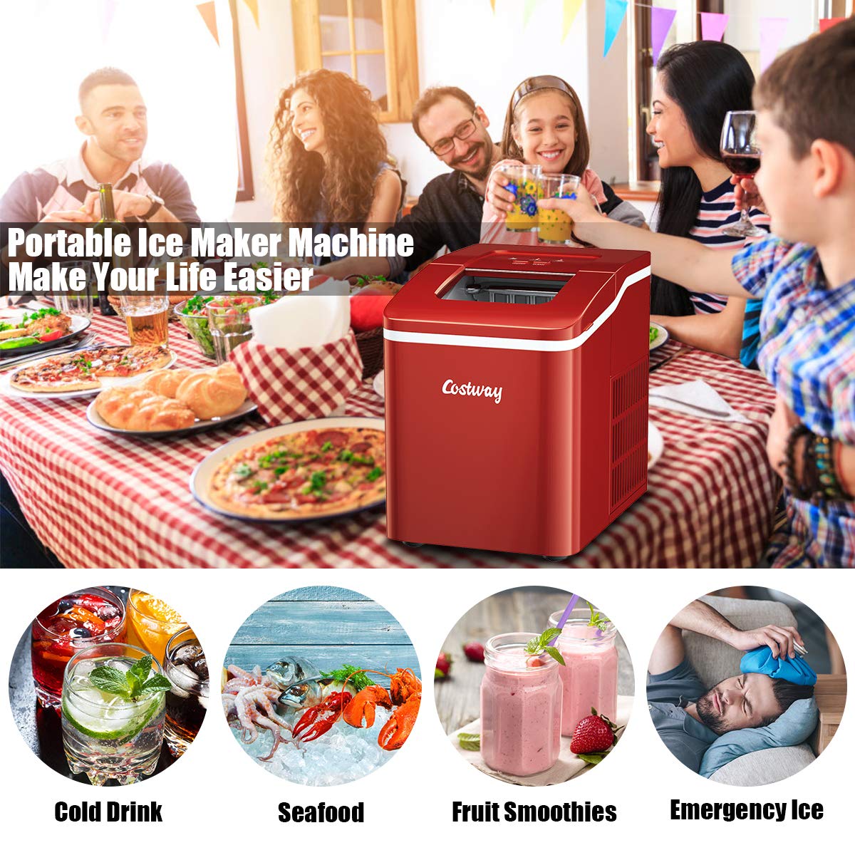 COSTWAY 26Lbs/24H Portable Countertop Ice Maker with Self-Cleaning Function - Makes Bullet Ice Cubes in 8 Minutes - Includes Scoop & Removable Basket - Perfect for Home, Parties, Bars, RV Trips & Outdoor Gatherings (Red)