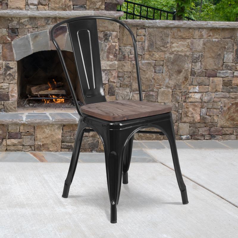 FLASH Perry Metal Stackable Chair with Wood Seat - Modern Dining Chairs for Kitchen, Restaurant, Cafe & Outdoor Use - Sturdy & Space-Saving Design