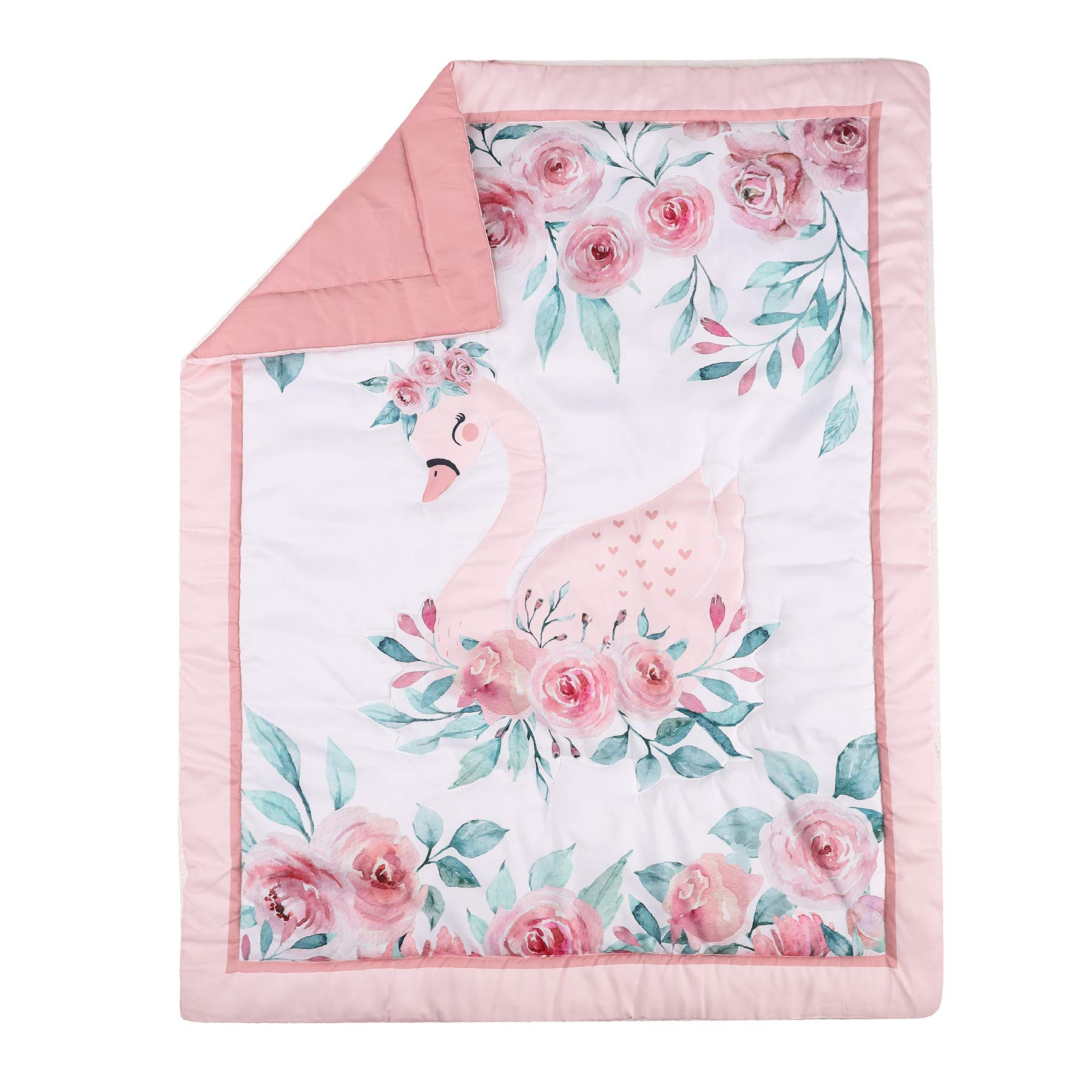 Floral Swan Baby Girl Crib Bedding Set - 6 Piece Nursery Set with Quilt, Fitted Sheets, Skirt & Valances | Soft & Safe for Newborns | Perfect for Nursery Decor, Baby Showers & Gifts
