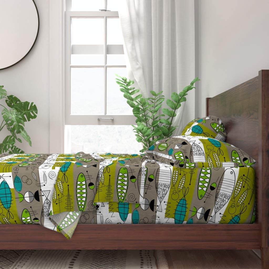 Vintage 1950s Fishing Retro Print 100% Cotton Twin 3-Piece Bed Sheet Set - Olive Green & Teal Abstract Design | Custom Bedding for Midcentury Modern & Coastal Themed Bedrooms