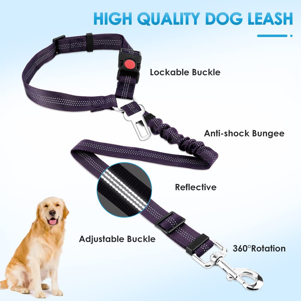 SlowTon 2-Pack Adjustable Dog Seat Belt for Car - Reflective Pet Safety Harness with Elastic Bungee Buffer, 2-in-1 Headrest Restraint & Clip Leash (Purple) - Secure Your Dog During Road Trips & Daily Commutes
