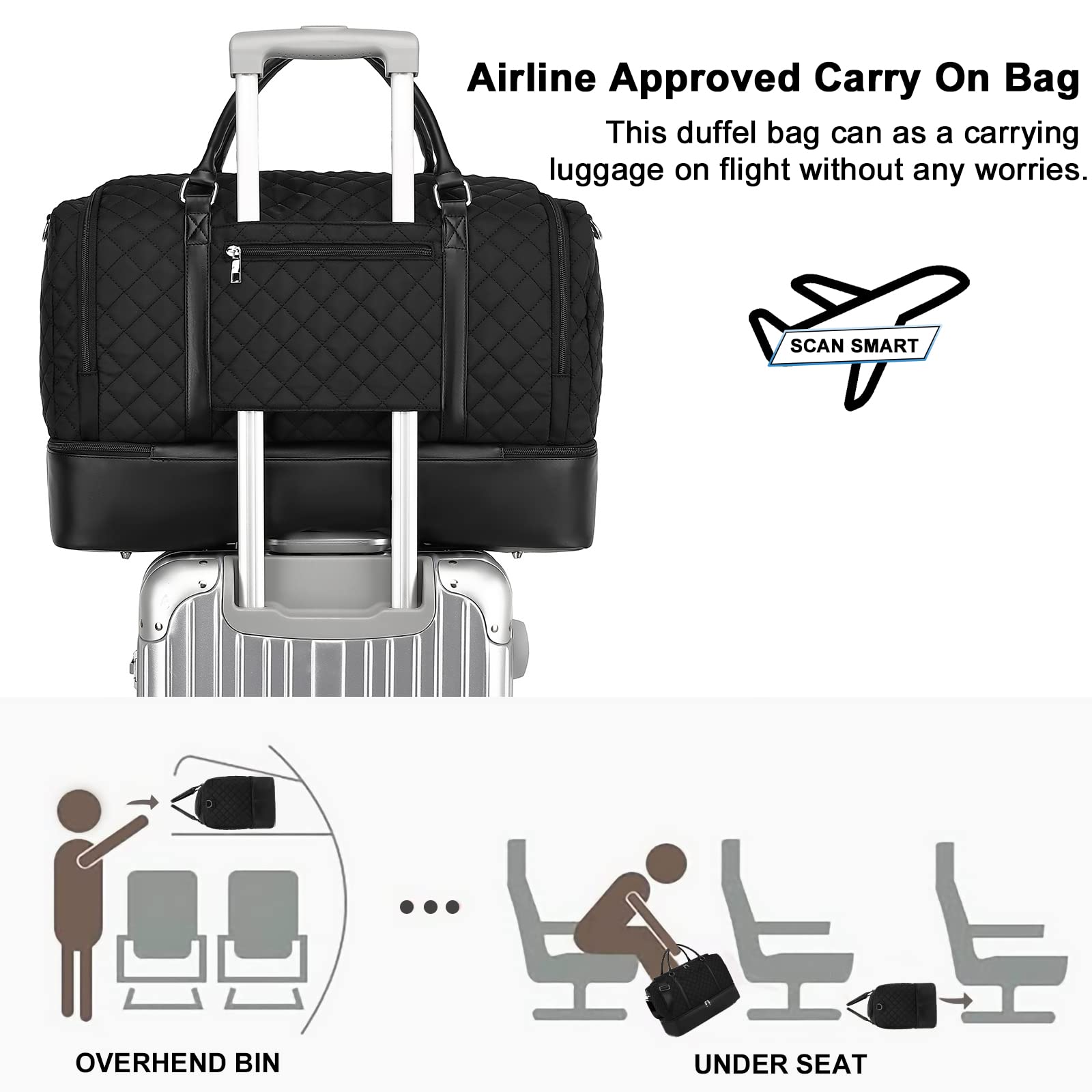 42L Travel Weekender Duffle Bag Set with Shoe Compartment - 3-Piece Carry On Luggage for Women & Men (Black Quilted) | Gym, Airplane Trip, Overnight Stay | Includes Fanny Pack & Makeup Bag