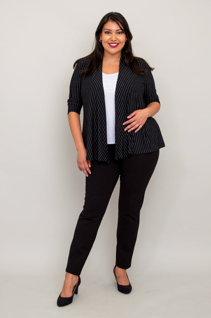 Kathy Jacket Women's Lightweight Blazer - Black & White Pin Stripe Bamboo Fabric - Perfect for Office Wear, Business Meetings & Professional Outfits