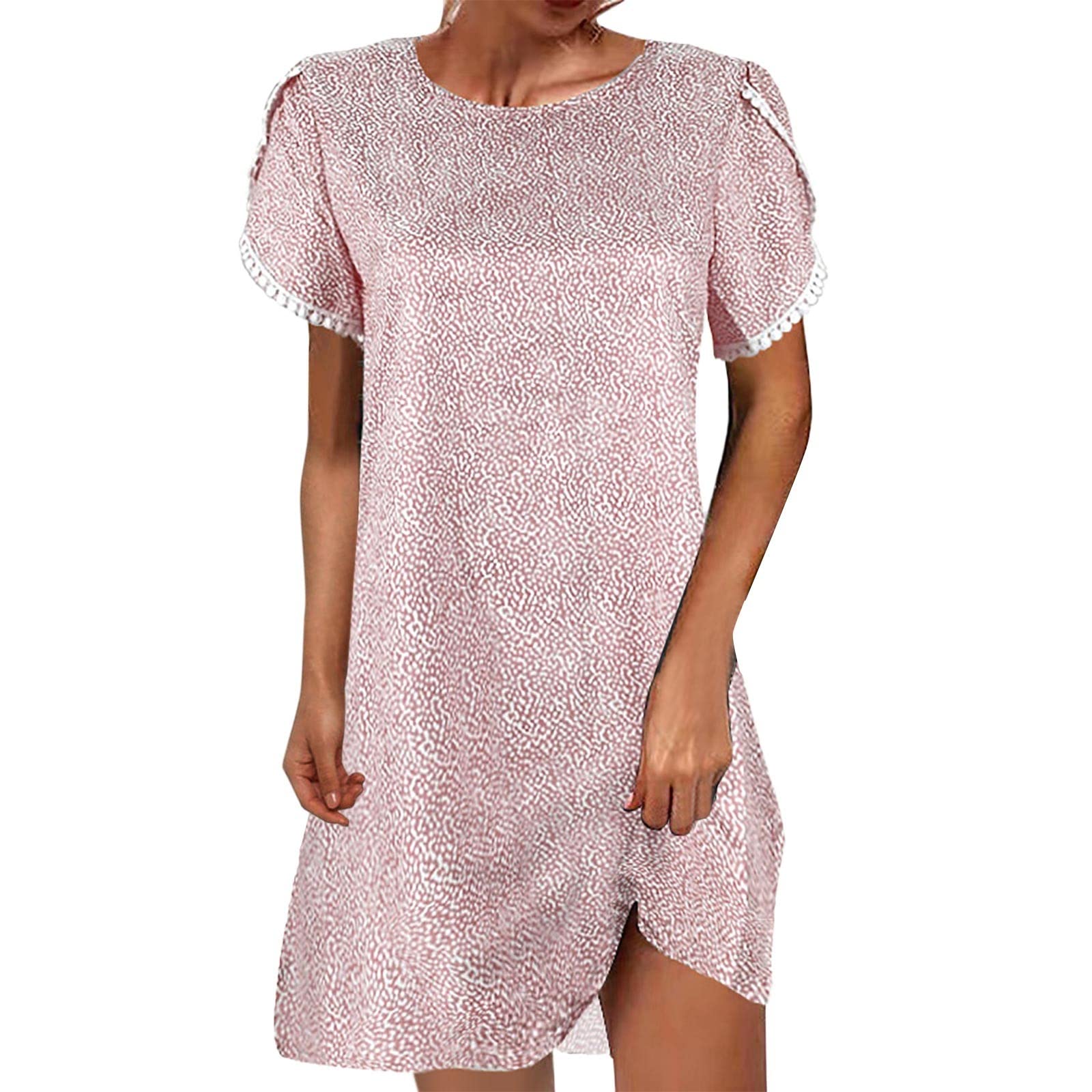 Women's Casual Summer Dresses - Floral Print Round Neck Short Sleeve Lace Trim A-Line Dress | Perfect for Beach Vacation, Outdoor Picnic & Date Night Outfits