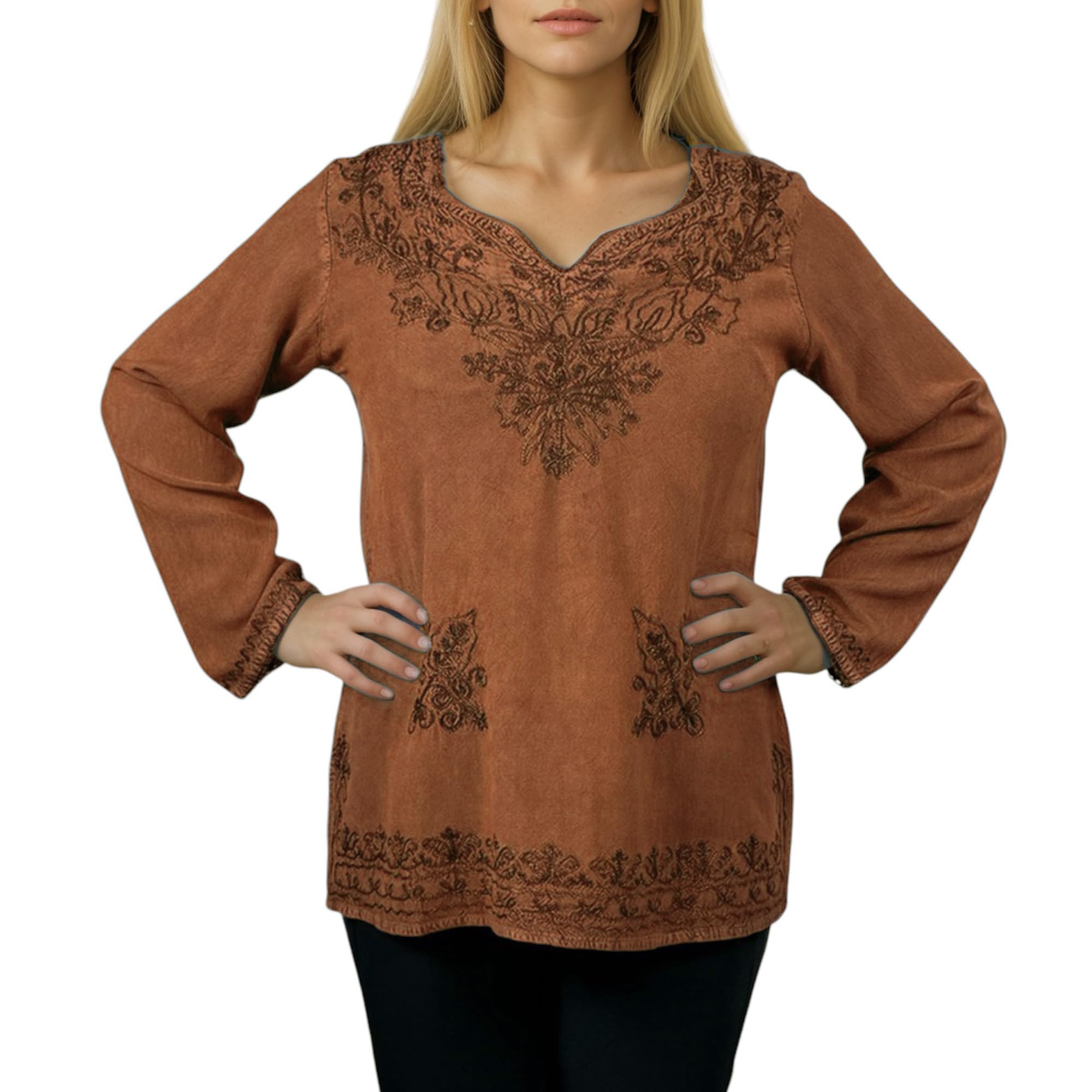 Agan Traders 2025 Spring Long Sleeve Embroidered Blouse - Medieval Bohemian Vintage Tunic Top for Women | Perfect for Renaissance Fairs, Boho Festivals & Casual Wear