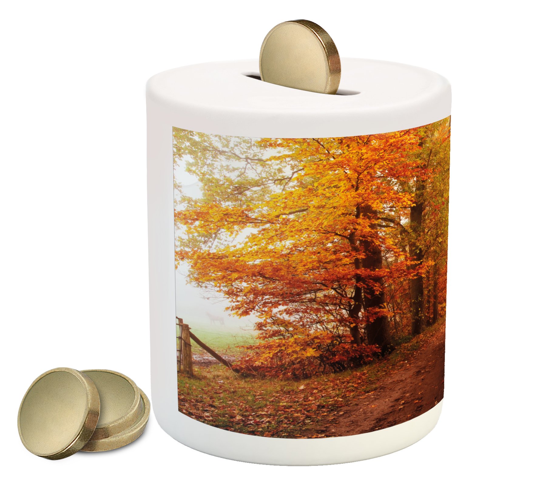 Ambesonne Fall Piggy Bank - Ceramic Coin Bank with Foggy Woods & Country Theme for Cash Saving | Orange, Redwood, Yellow | Perfect for Kids' Savings, Home Decor, and Gift Ideas