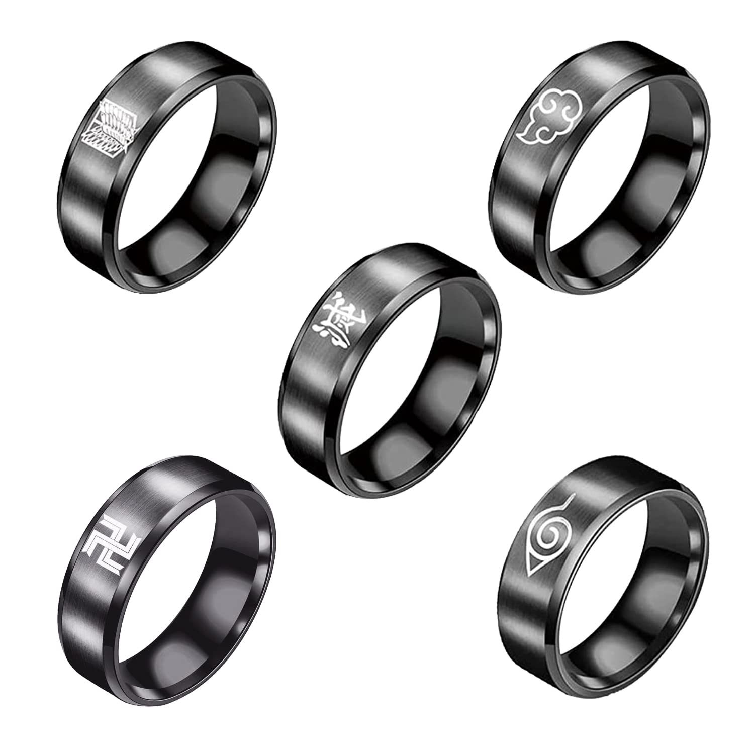 Anime Rings for Men & Boys - Black Stainless Steel Akatsuki & Demon Slayer Jewelry Set | Gothic Cosplay Rings for Halloween, Anime Conventions & Daily Wear