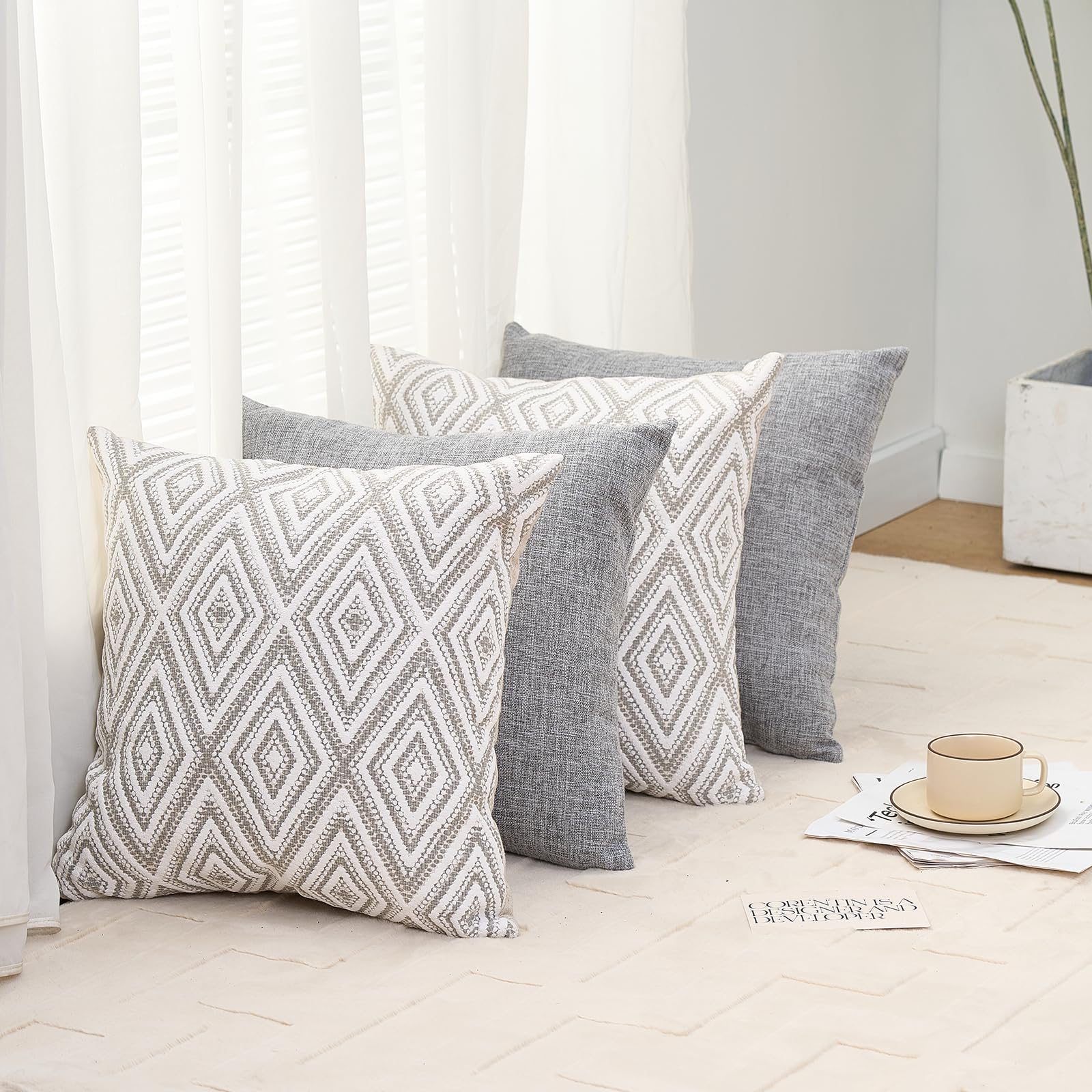 Farmhouse Style Decorative Pillow Covers Set of 4 - 18x18 Inch Grey Polyester Couch Throw Pillow Cases for Sofa, Bed, Living Room - Perfect for Home Decor, Cozy Farmhouse Aesthetic & Seasonal Styling