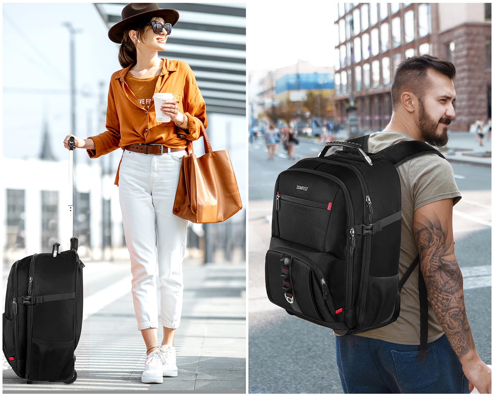 ZOMFELT Rolling Backpack - 18 Inch Wheeled Laptop Backpack with 3 Packing Cubes for Travel, Work & Business | Durable Carry-On Backpack for Men & Women | Perfect for Airplane, Commuting & Office Use (Black)