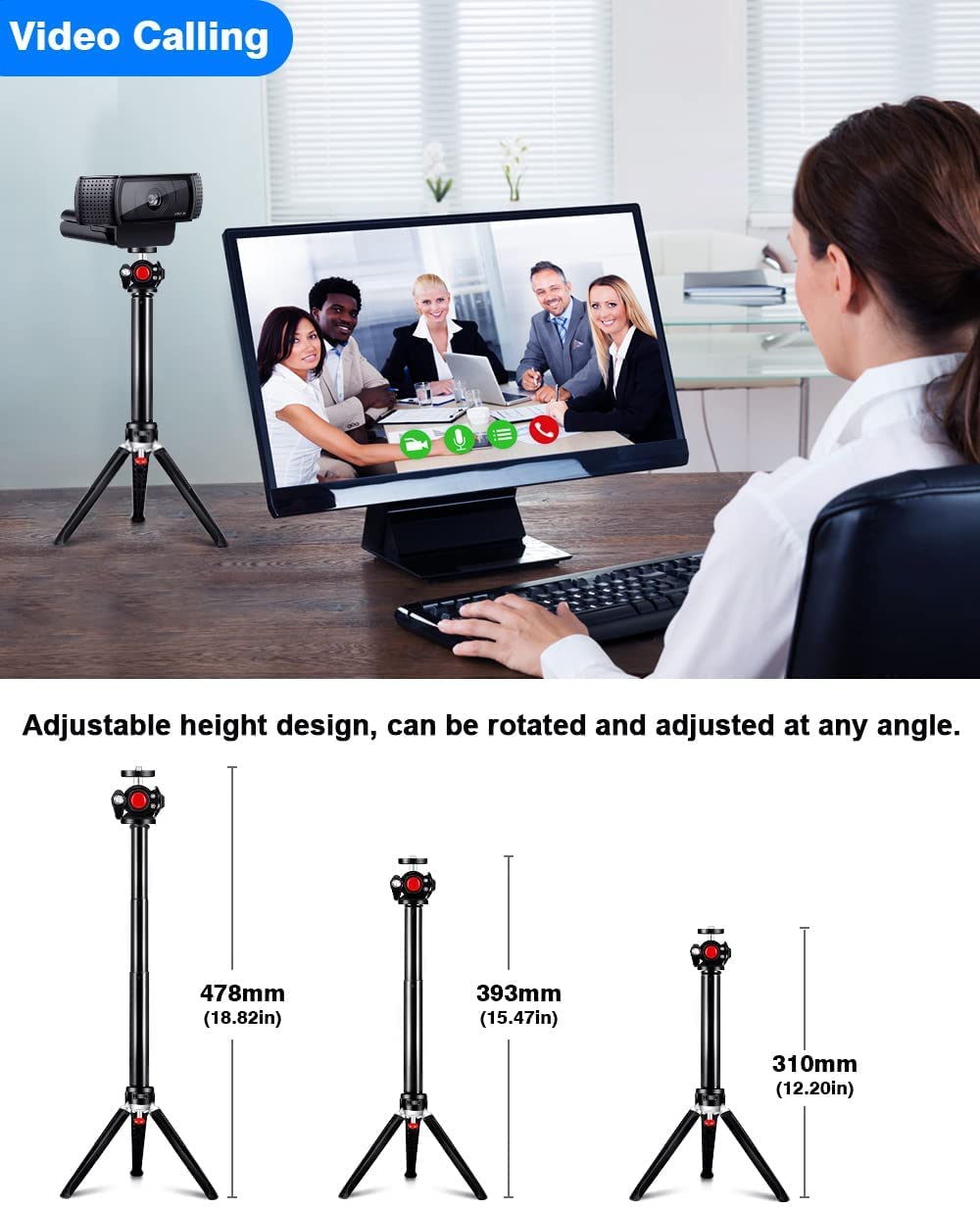 Adjustable Webcam Tripod Stand with Phone Holder - 3-Level Extendable Desktop Camera Mount, Ball Head & Lightweight Handle for Logitech C922/C920/BRIO - Perfect for Vlogging, Live Streaming & Zoom Meetings