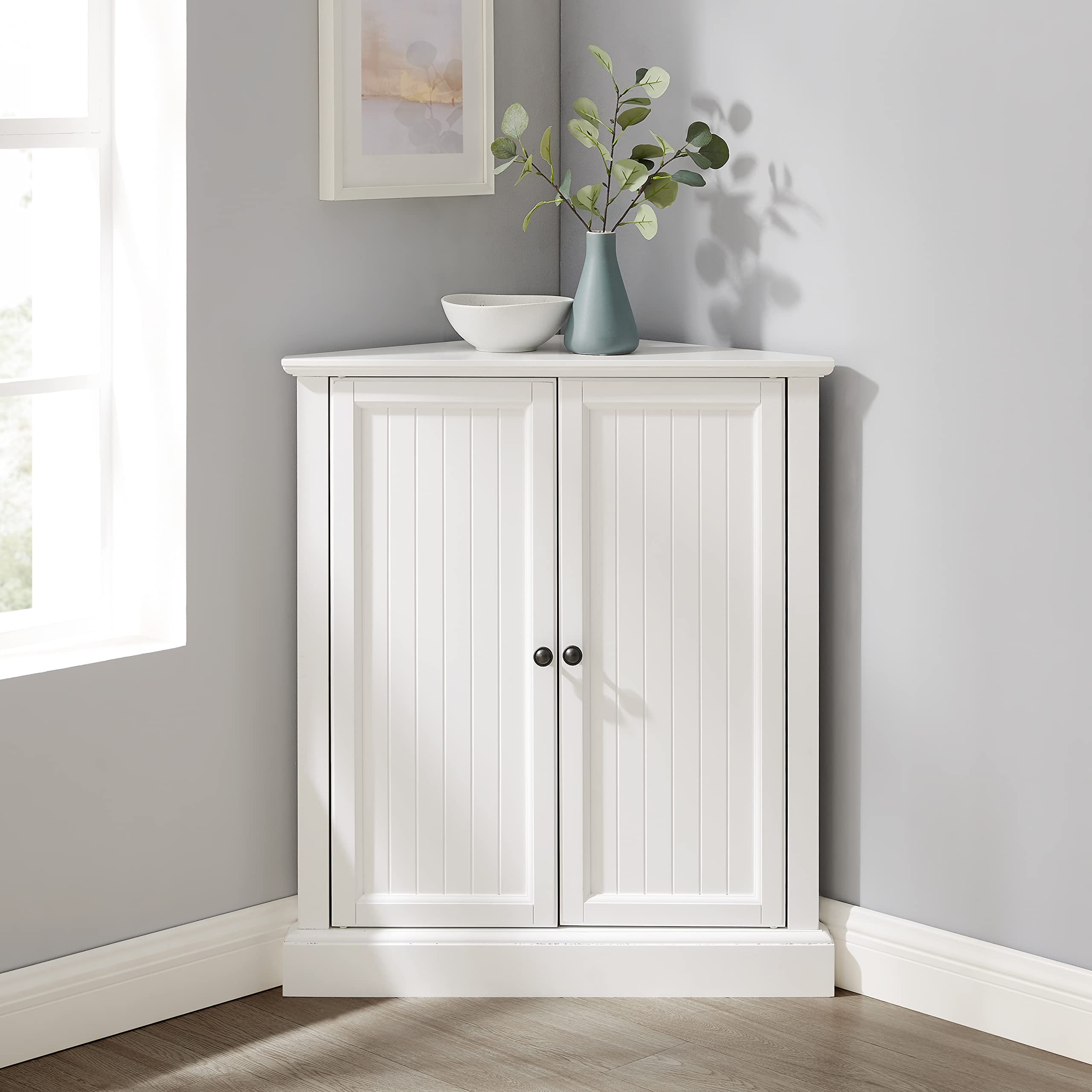 Crosley Furniture Shoreline Stackable Corner Pantry Cabinet with Adjustable Shelves - White Kitchen Storage Organizer for Pantry, Dining Room & Laundry Room - Space-Saving Corner Solution for Small Homes & Apartments