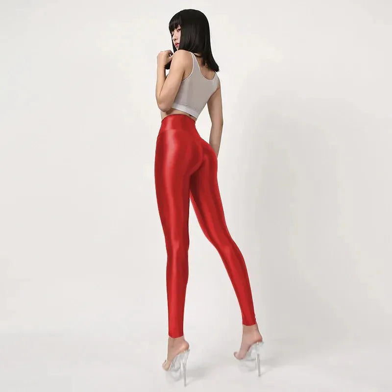 Seamless Satin Glossy High Waist Yoga Pants for Women - Sexy Tight Silk Leggings, Plus Size Workout Pants, Shiny Sports Tights for Fitness, Dance & Lounge Wear