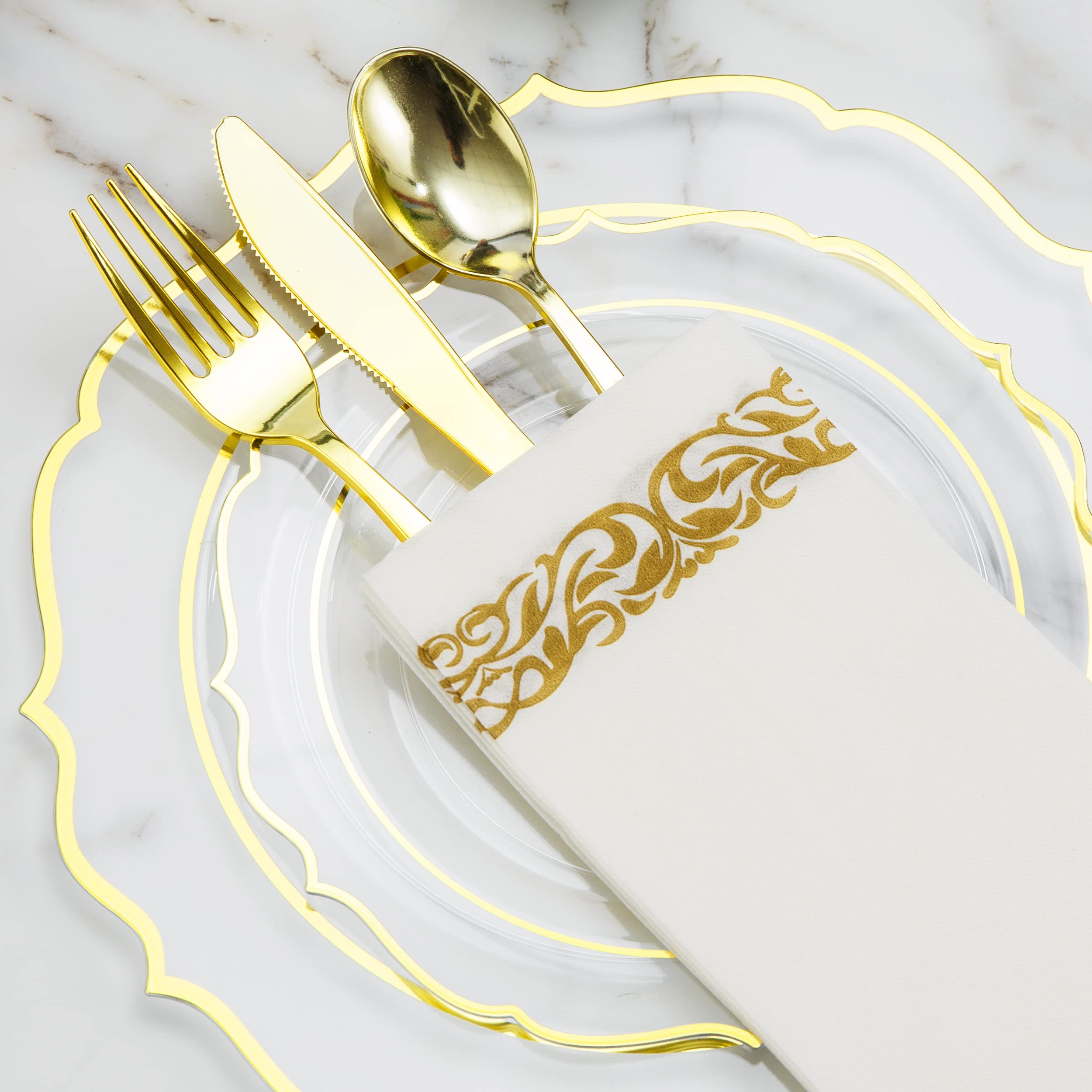 200-Piece Baroque Gold Rimmed Disposable Dinnerware Set - Heavy Duty Plastic Plates, Cutlery & Napkins for 25 Guests | Elegant Wedding, Party & Event Tableware | Includes Dinner Plates, Dessert Plates, Spoons, Forks, Knives & Cups