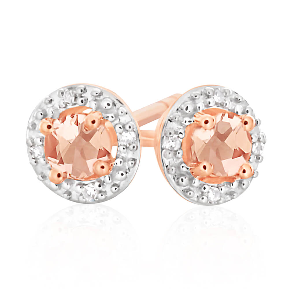 9ct Rose Gold Morganite and Diamond Halo Stud Earrings for Women - Elegant Gift for Anniversary, Valentine's Day & Special Occasions